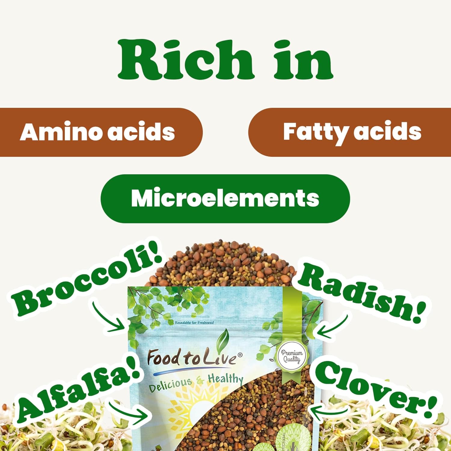 Food to Live Salad Mix of Sprouting Seeds, 10 Pounds – Broccoli, Clover, Radish, Alfalfa, Kosher, Raw, Vegan