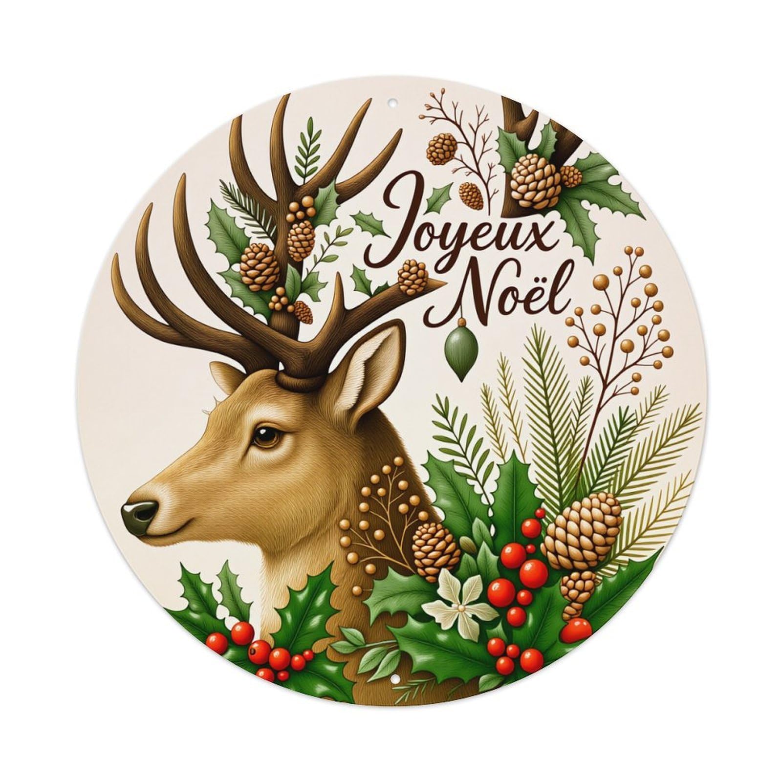 Deer Pine Cones Holly Berries Christmas Round Tin Sign Vintage Style Metal Sign Home Bar Garden Wall Plaque Decor Metal Poster 8x8 Inch