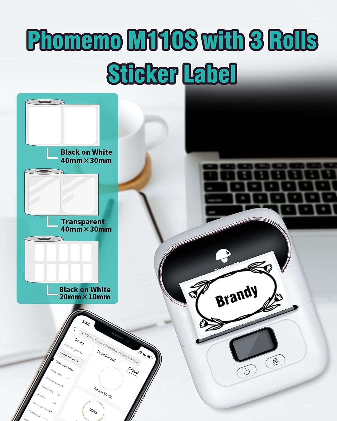 Phomemo Label Maker Machine- M110S Upgraded Bluetooth Label Printer for Barcode, Clothing, Jewelry, Retail, Mailing, Business, Compatible with Android & iOS, White