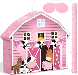 Faccito Pink Farm Piñata Bundle Fiesta Piñata Set Includes Bat Stick, Barnyard Piñata and Blindfold Mask for Farmhouse Country Kids Cinco De Mayo Birthday Party Mexican Piñata Game Supplies Decoration