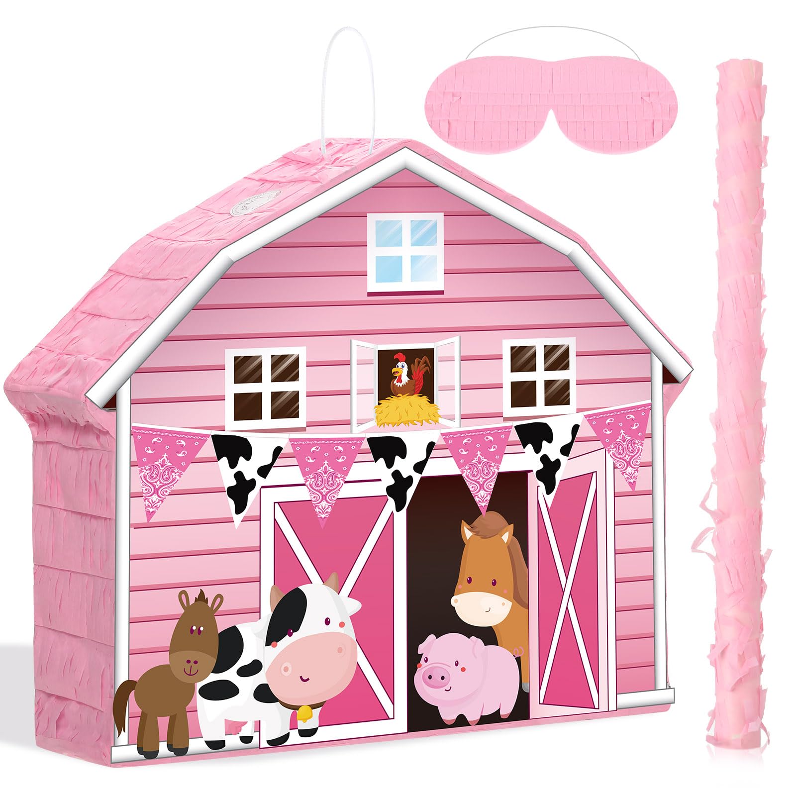 Faccito Pink Farm Piñata Bundle Fiesta Piñata Set Includes Bat Stick, Barnyard Piñata and Blindfold Mask for Farmhouse Country Kids Cinco De Mayo