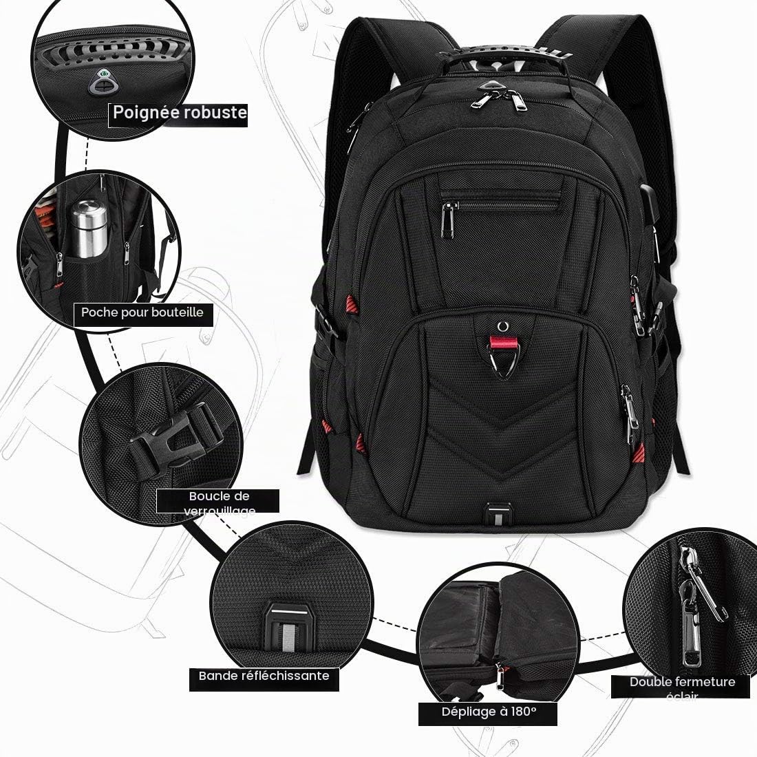 NEWHEY Sac à Dos Ordinateur Homme 17.3 Pouces avec USB Charging Port 45L | Sac a Dos PC Portable Imperméable Sac a Dos College Garcon Grande Capacité pour Affaire Voyage