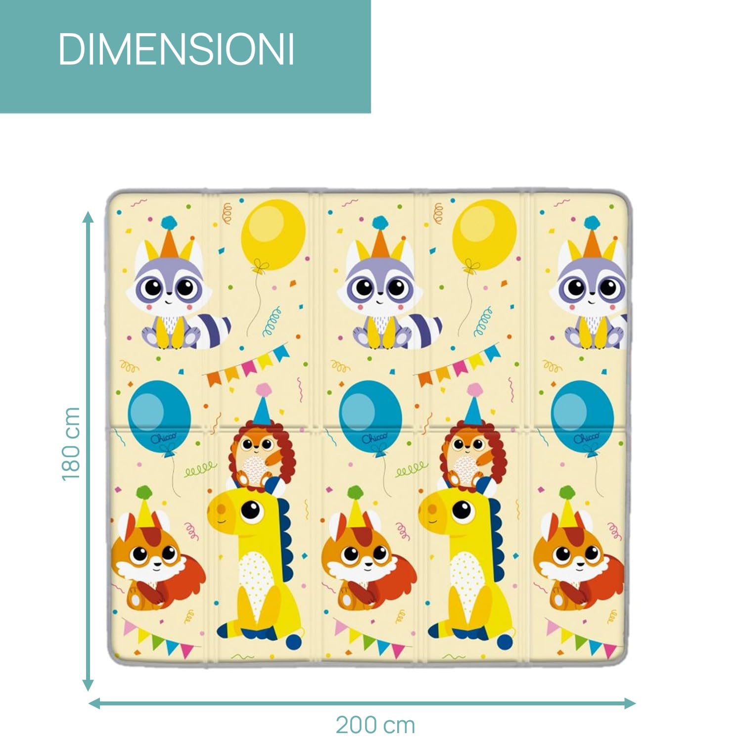 Chicco Tappeto Gioco Bambini 2in1, Extra Large 200x180 cm, Spessore 1.3 cm, Extra Soffice, Double Face, con Animali e Paesaggio, Tappeto Gioco Neonato, Giochi Neonato, Morbido e Pieghevole, 0+ Mesi