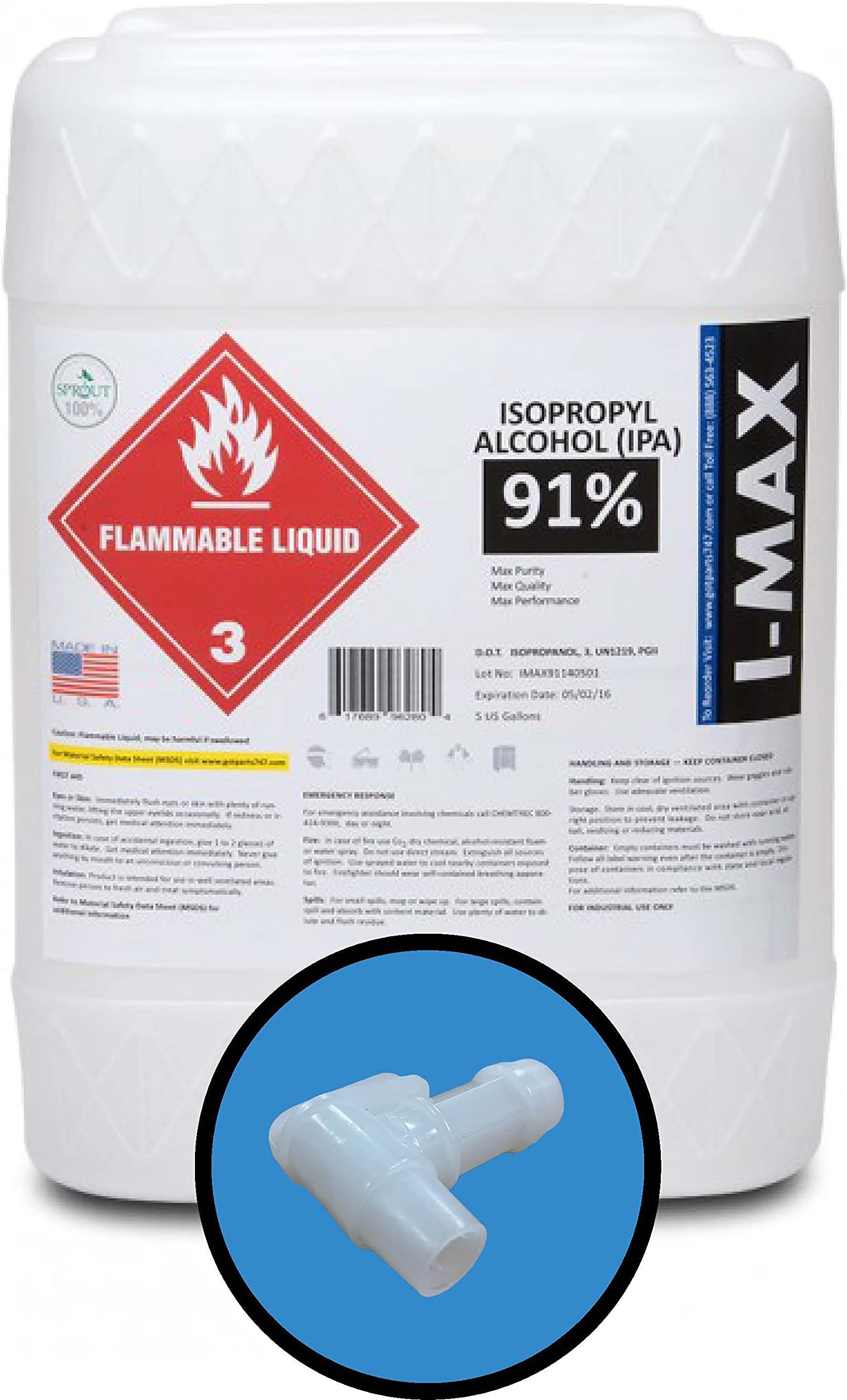 Isopropyl Alcohol 91% - 5 Gallons of High Purity IPA - Includes One Spigot- Made in USA - HDPE Pail