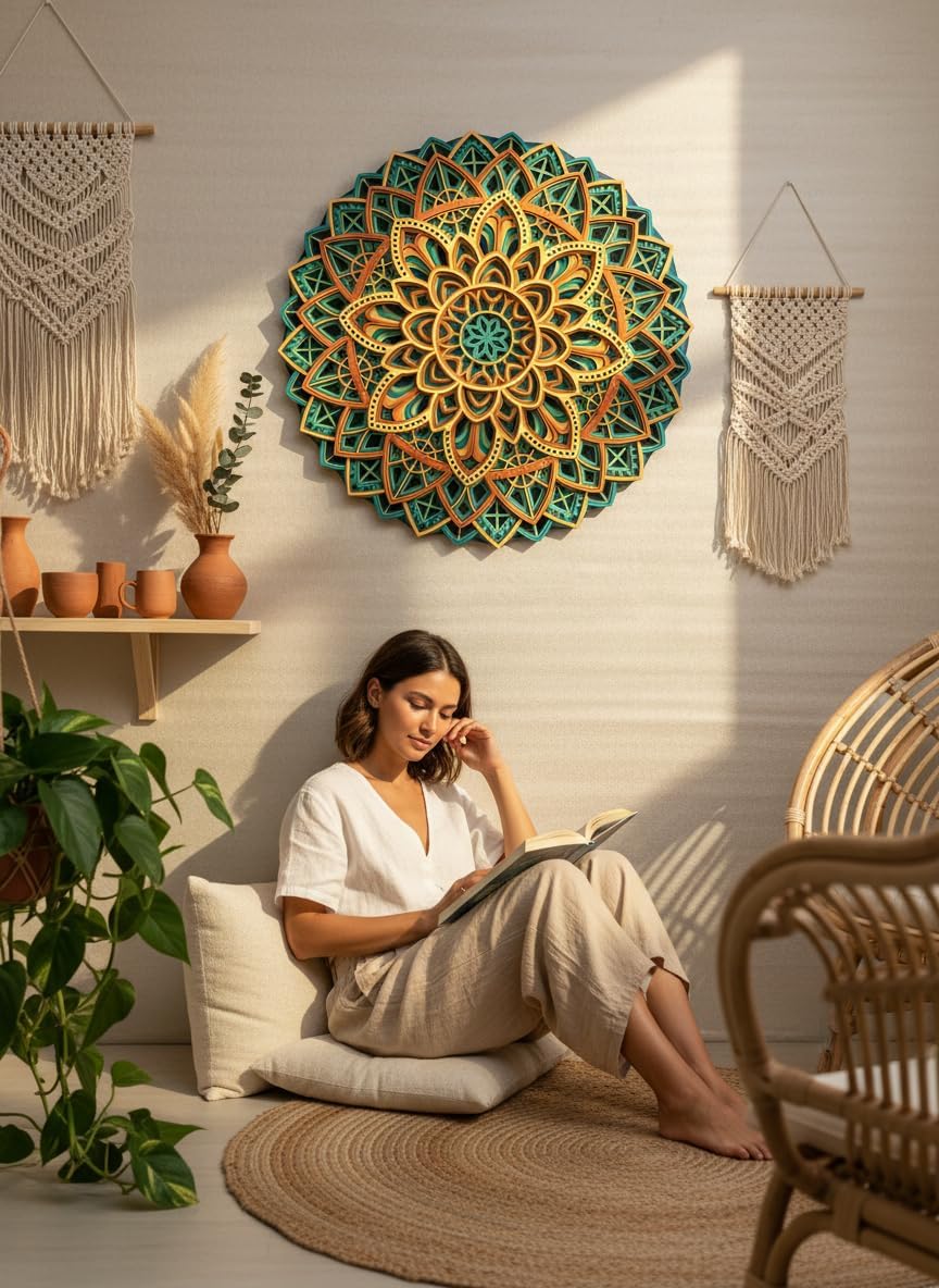 Anatoliawood Multilayer Colorful Mandala Wall Art – Sacred Geometry Wooden Home Decor, Laser Cut Mandala Wall Hanging – 50 cm (19.7 Inch)