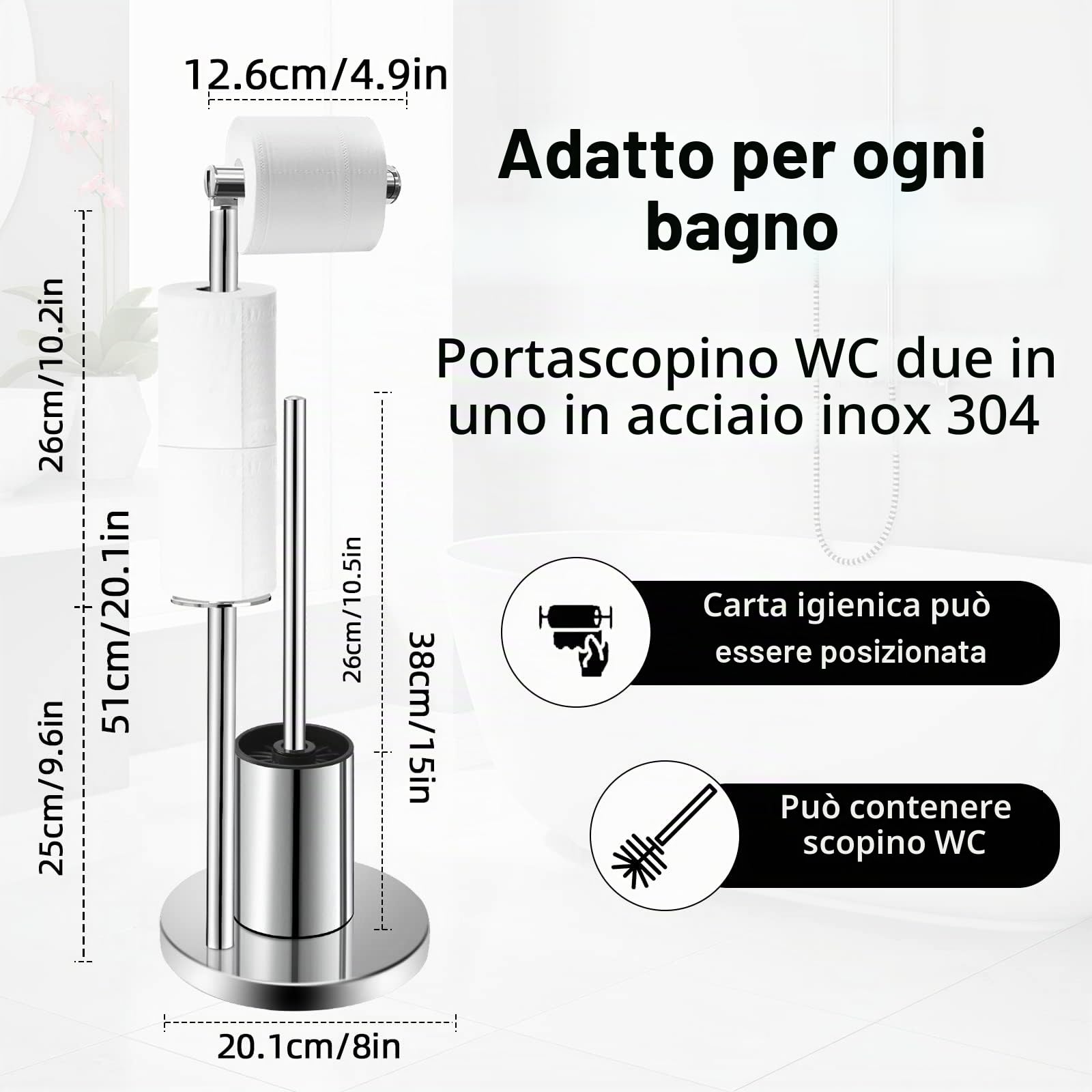 Porta carta igienica in acciaio inox con scopino per WC, in acciaio 304, portarotolo WC con porta carta igienica in piedi e scopino