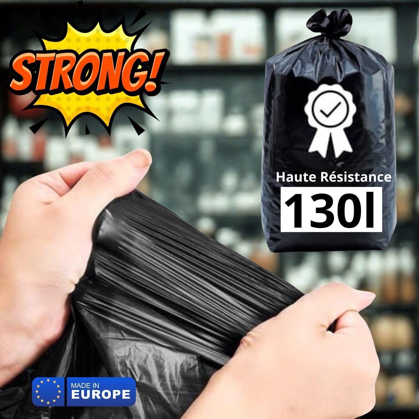 Sacchetto per la spazzatura spessa 130 l, cartone da 100 sacchetti neri ultra resistenti, spessore 55 micron, rifiuti pesanti, giardino, carta, alimenti, officine - uffici - privati