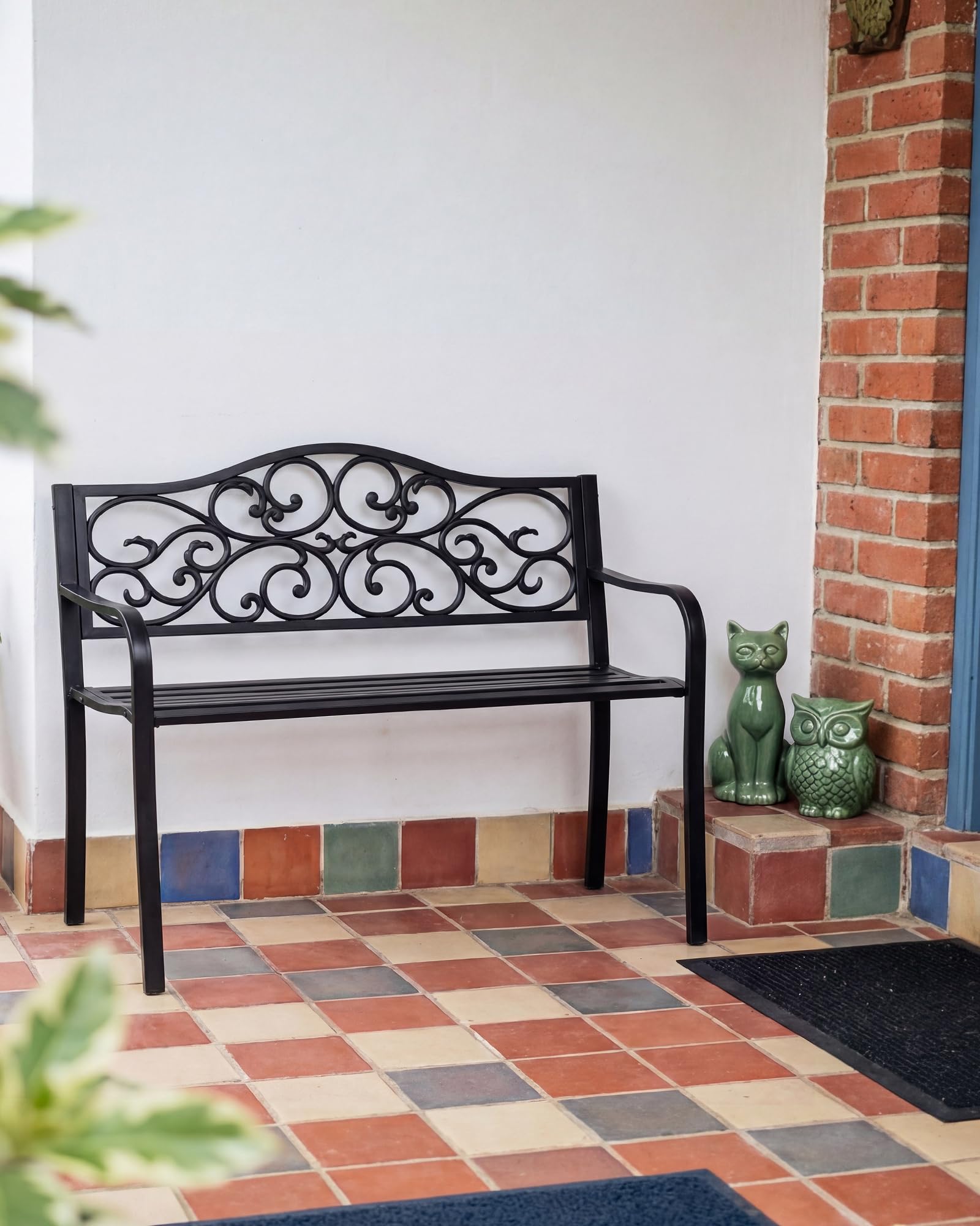 Gartenbank Metall wetterfest, 2-3 Sitzer Parkbank aus Gusseisen bis 240kg belastbar, Sitzbank mit Rückenlehne & Blumenmuster für Garten, Balkon & Terrasse, 128cm Breit, Schwarz