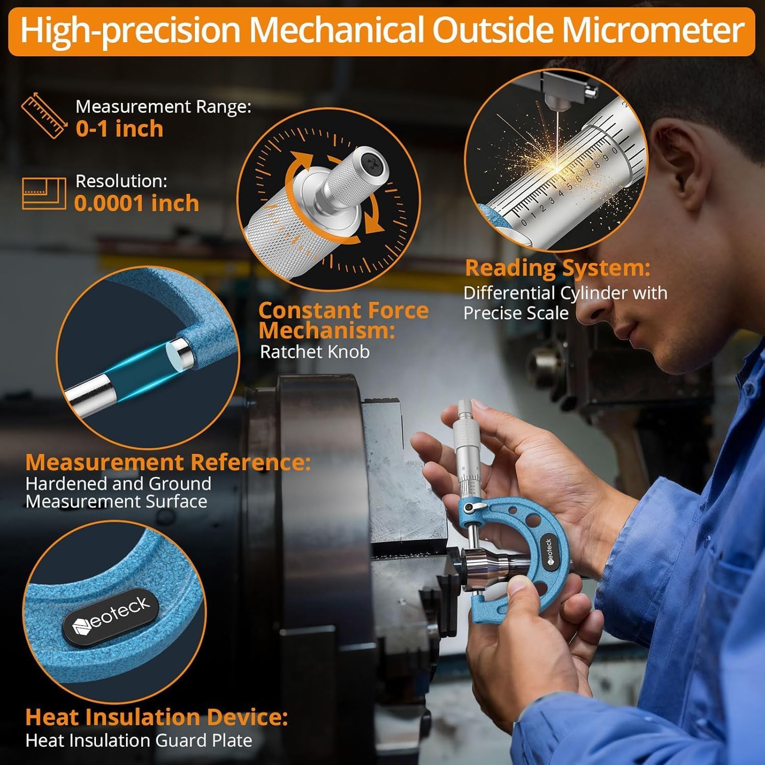Neoteck Micromètre Extérieur 0-25 mm Précision 0,01 mm Avec Cliquet – Enclumes Carbure, Graduation Laser Satin Chrome – Outil De Mesure Métal Pour Atelier Mécanique