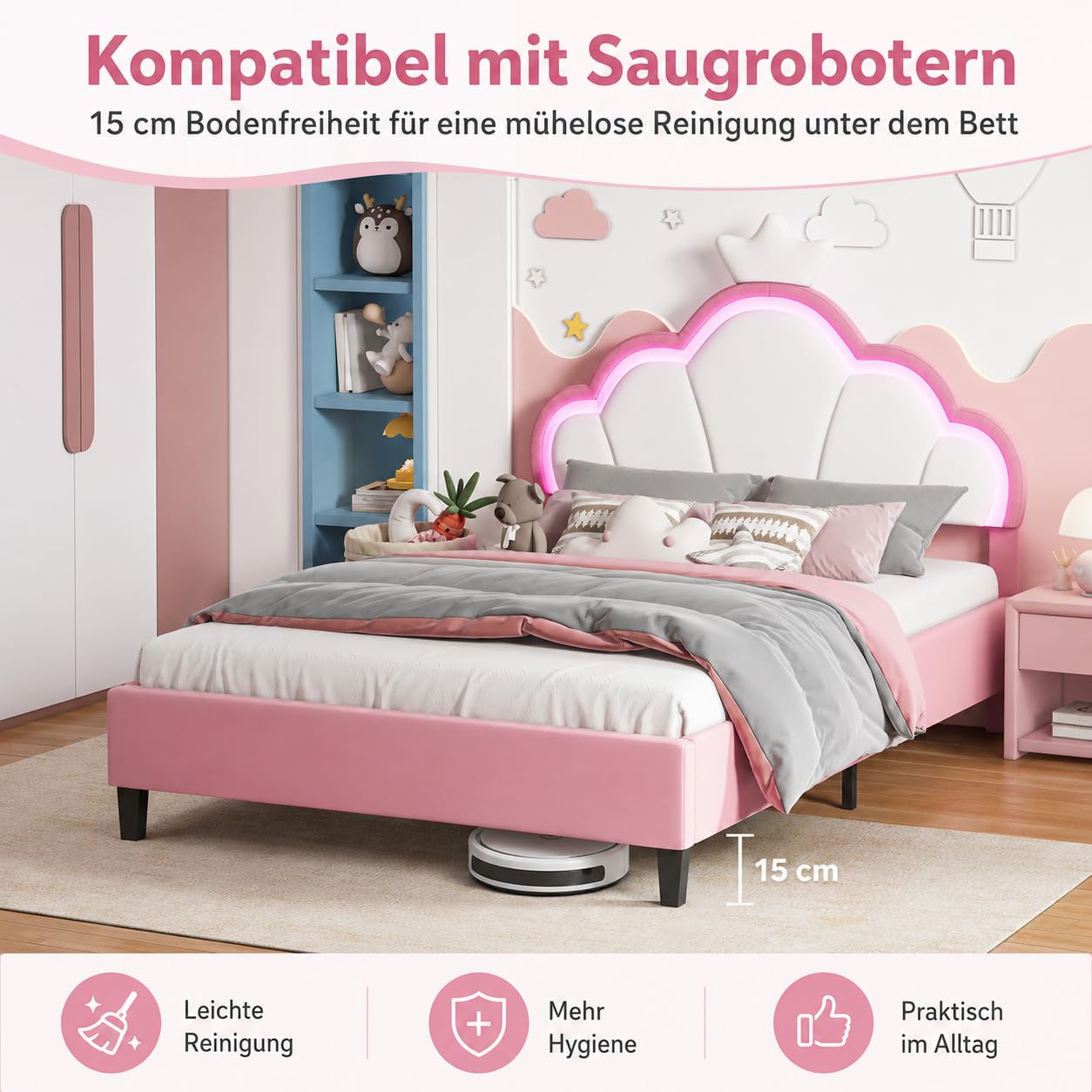 Letto imbottito 140x190 cm per ragazze, struttura letto per bambini con testata regolabile Crown e rete a doghe, letto da principessa, letto matrimoniale per bambini e adolescenti, senza