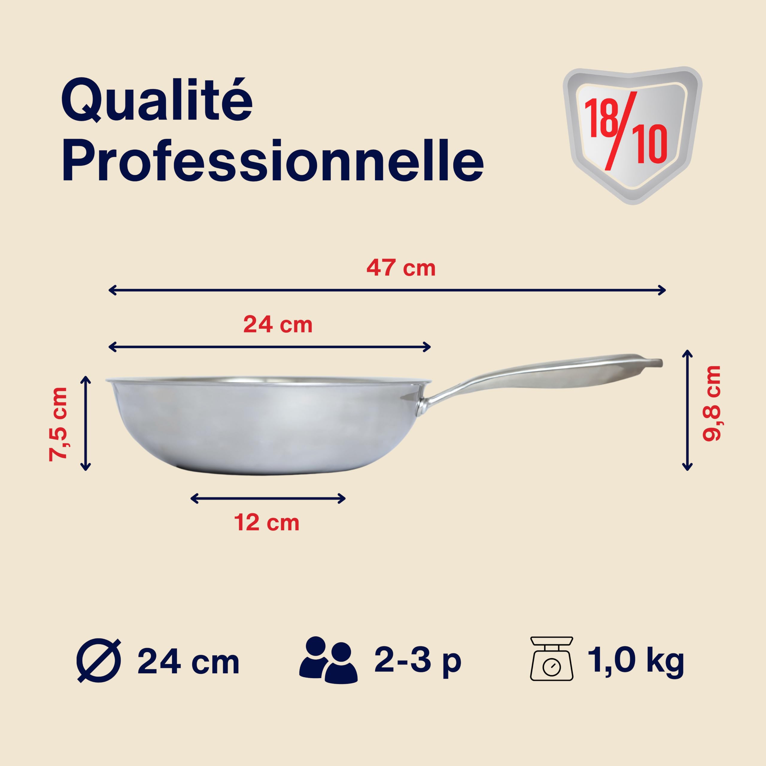 Wok Inox 18/10 Triply – 24 cm – Sans Revêtement – Sans PFAS, PFOA, PTFE – Compatible Tous Feux Dont Induction – Manche Riveté Froid – Cuisson Saine et Durable