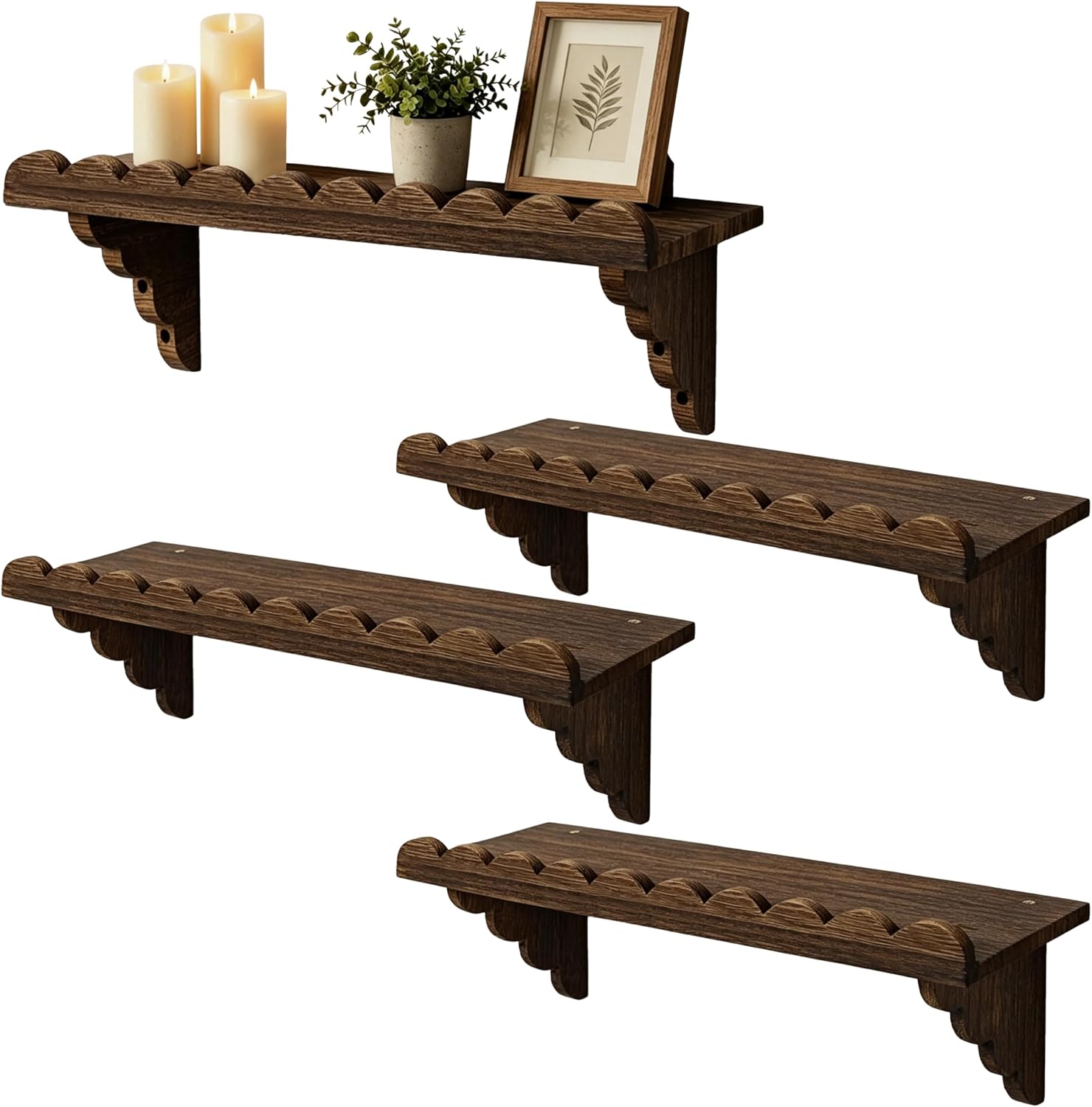 2Pcs Scalloped Wood Wall Shelf–17 Inch Floating Shelf with Wood Brackets