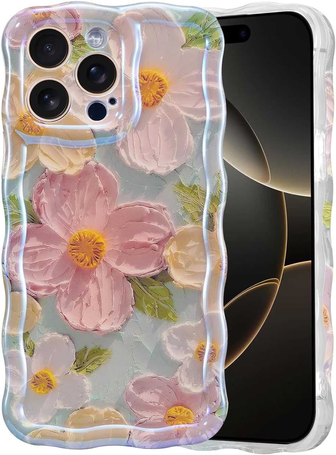 T Tersely for iPhone 16 Pro Max Case for Women Girl Oil Painting Flowers Laser Beam Glossy Pattern Waves Border Cover Silicone Shockproof Phone Case (Green, iPhone 16 Pro Max)