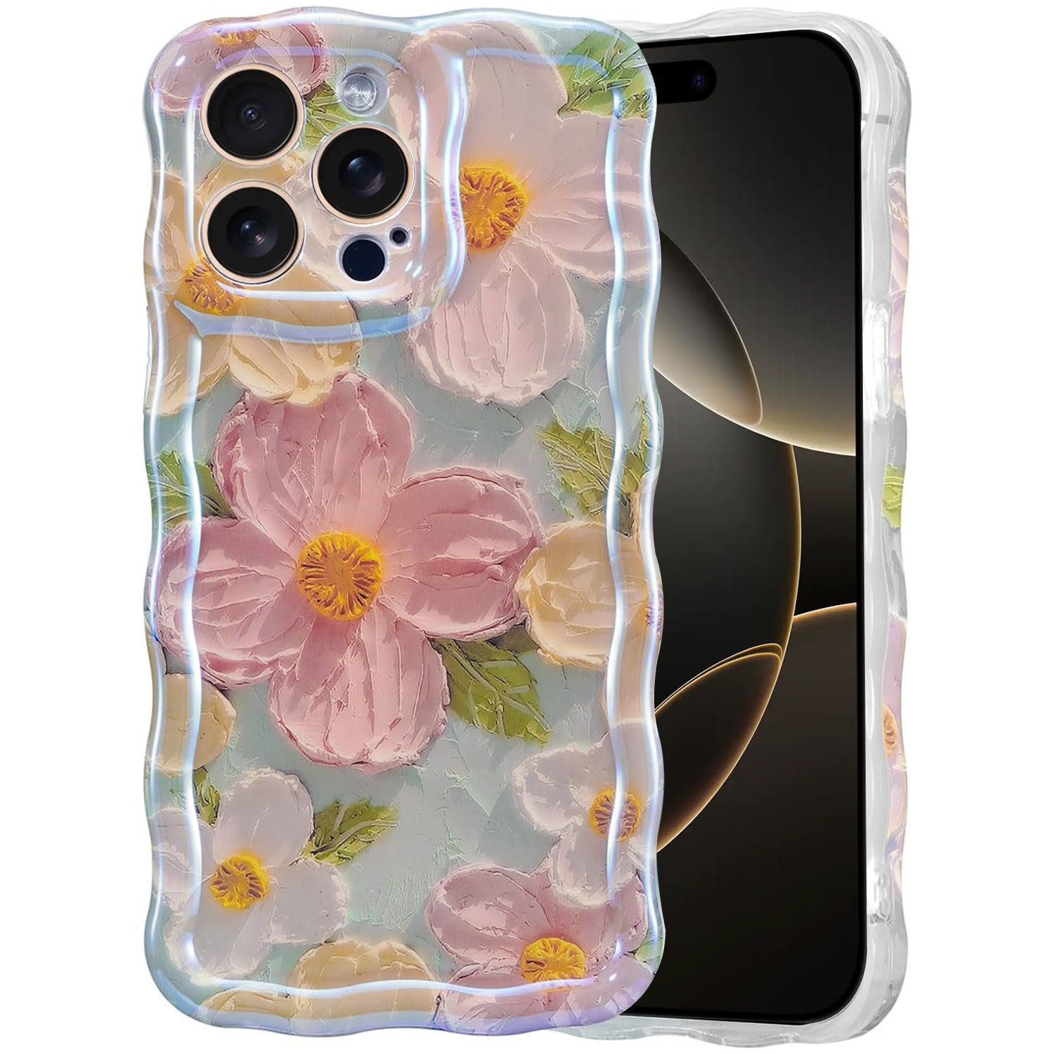 T Tersely for iPhone 16 Pro Max Case for Women Girl Oil Painting Flowers Laser Beam Glossy Pattern Waves Border Cover Silicone Shockproof Phone Case (Green, iPhone 16 Pro Max)