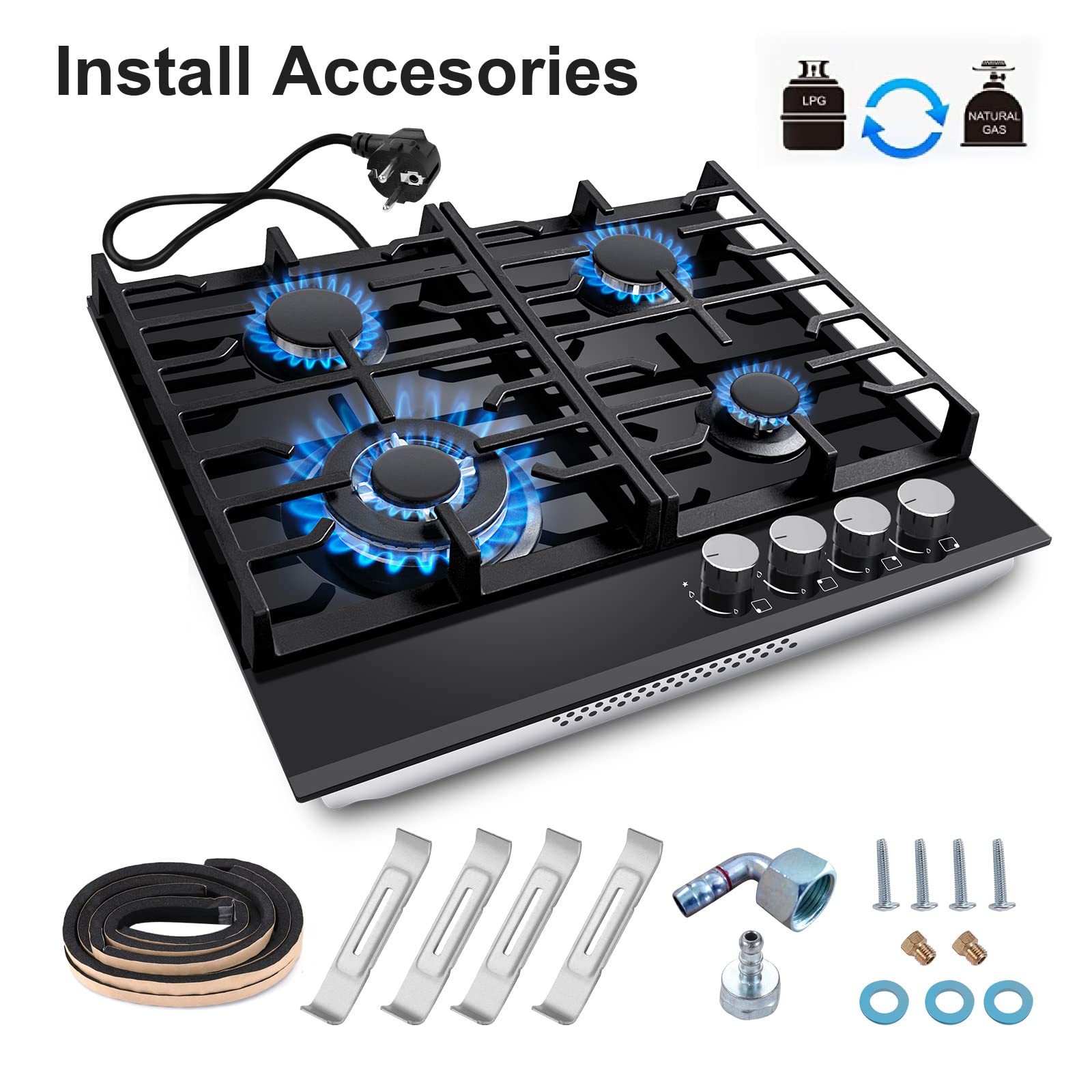 TopStrong Cocina de gas de 4 fuegos, placa negra de 60 cm, hornillos de gas de 4 fuegos, vidrio templado, soportes de hierro fundido, natural/propano