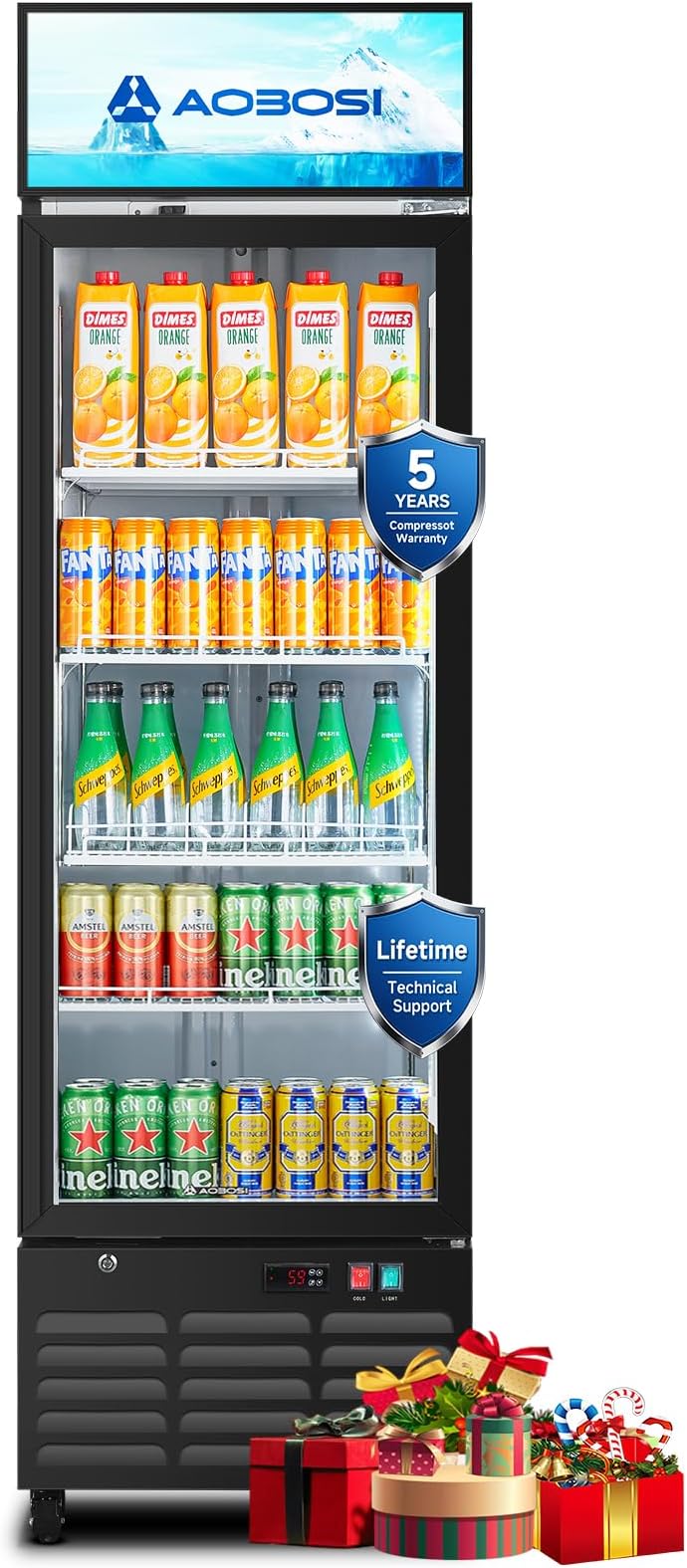 AAOBOSI Commercial Merchandiser Refrigerator,12.29 Cu.Ft Glass Door Display Refrigerator,Upright Beverage Fridge with Soft LED Light,Customizable Lightbox,Universal Casters, Adjustable Shelves
