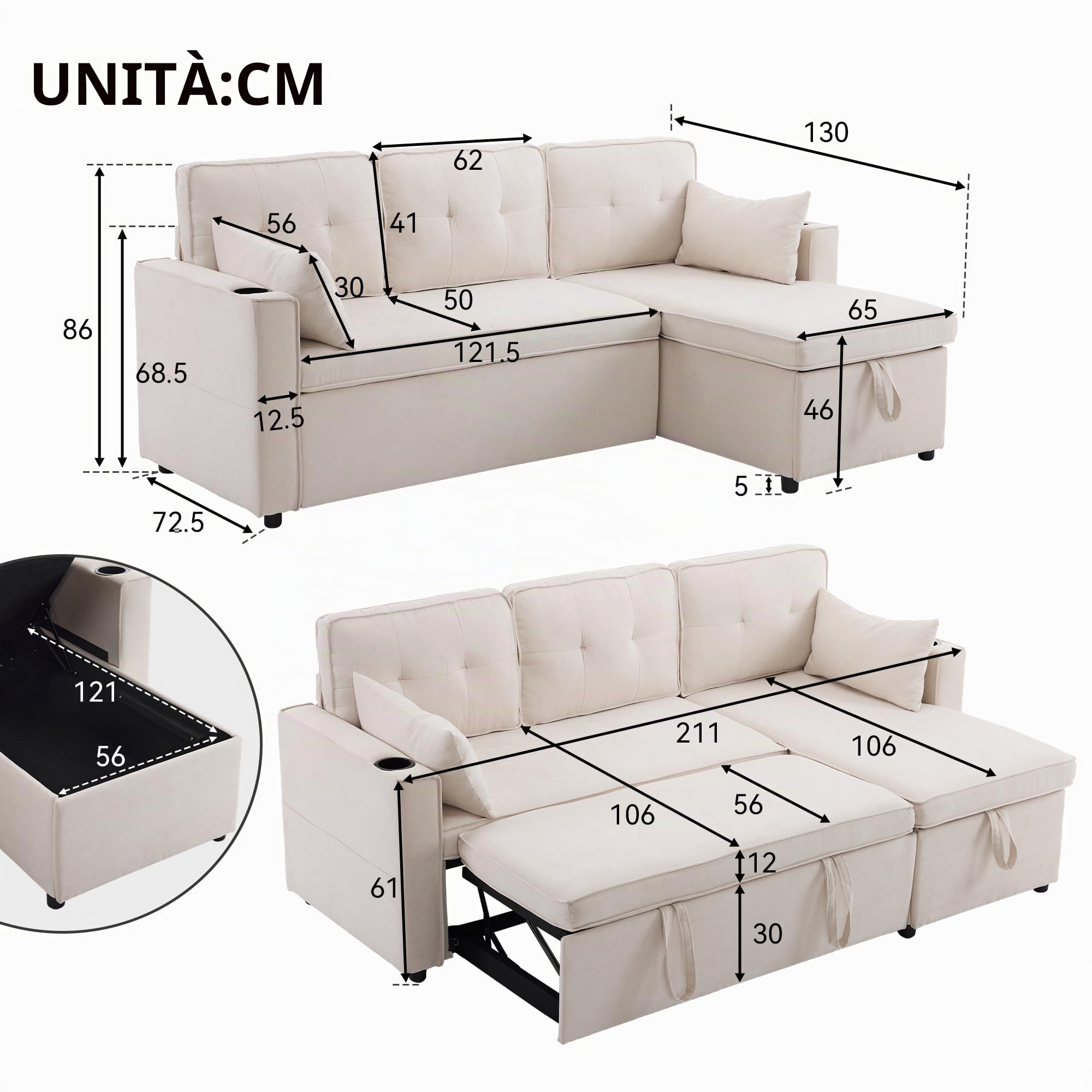 Soweiz Divano letto con funzione di sonno, divano a forma di L, design moderno, poltrona lounge con vano portaoggetti, con portabevande, divano letto, soggiorno e sinistra, intercambiabile (beige)