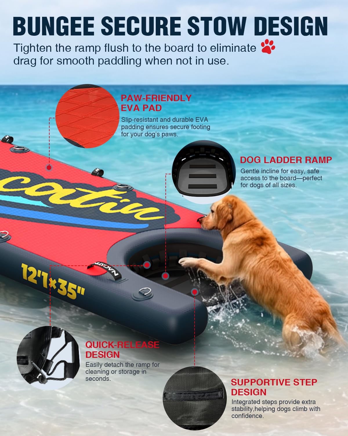 NACATIN Tabla de remo inflable de pie – Tabla de SUP de alta calidad con kit de rampa para perros, juego completo de tablas de remo para adultos con remo individual/doble, mochila, adecuada para remo