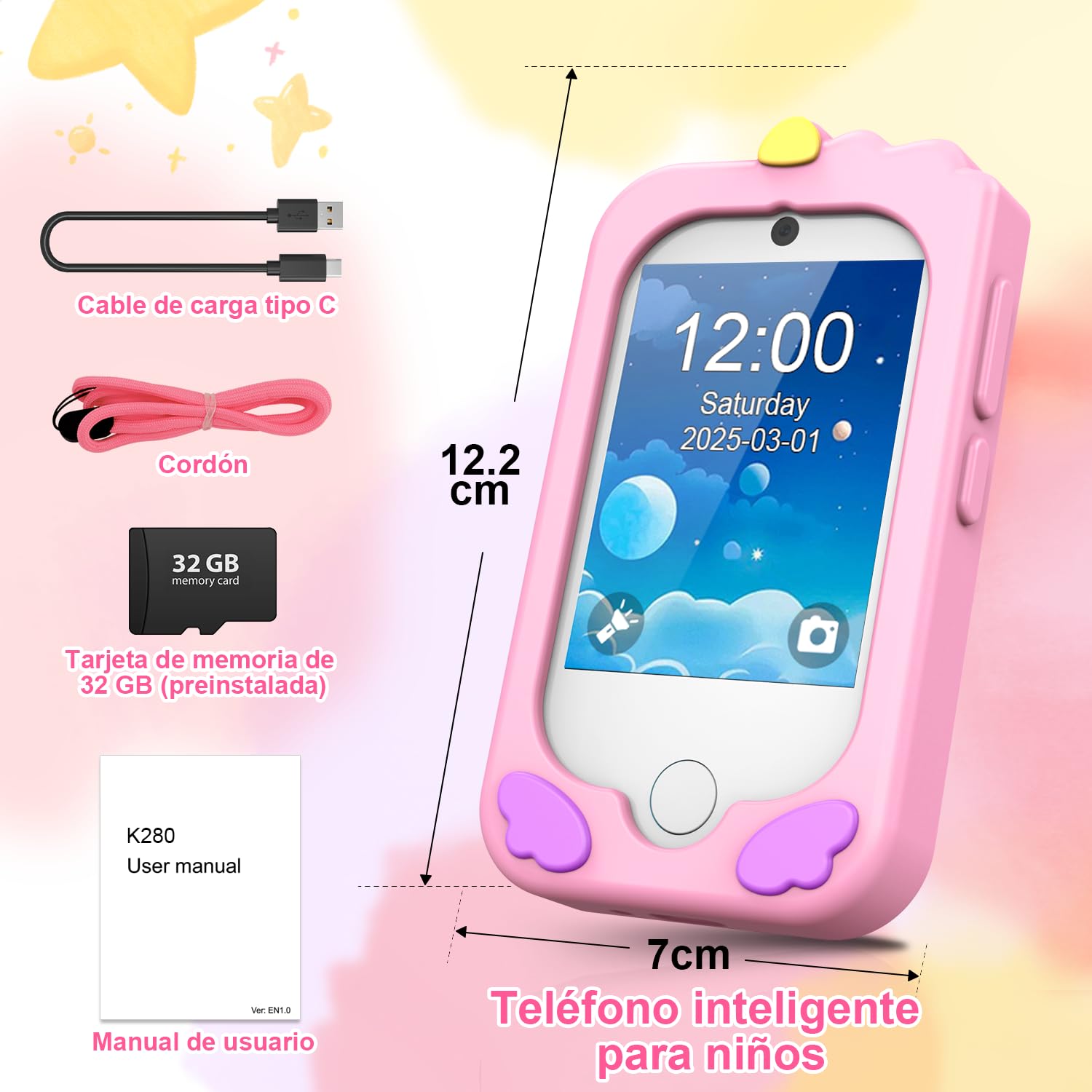 CHAKEYAKE Smartphone Camara Fotos Infantil, Teléfono Inteligente de Juguete con Táctil de 2,8", Doble Cámara, Tarjeta de 32 GB, Juegos Educativos, Audiolibro, cumpleaños para niños de 3 a 10 años