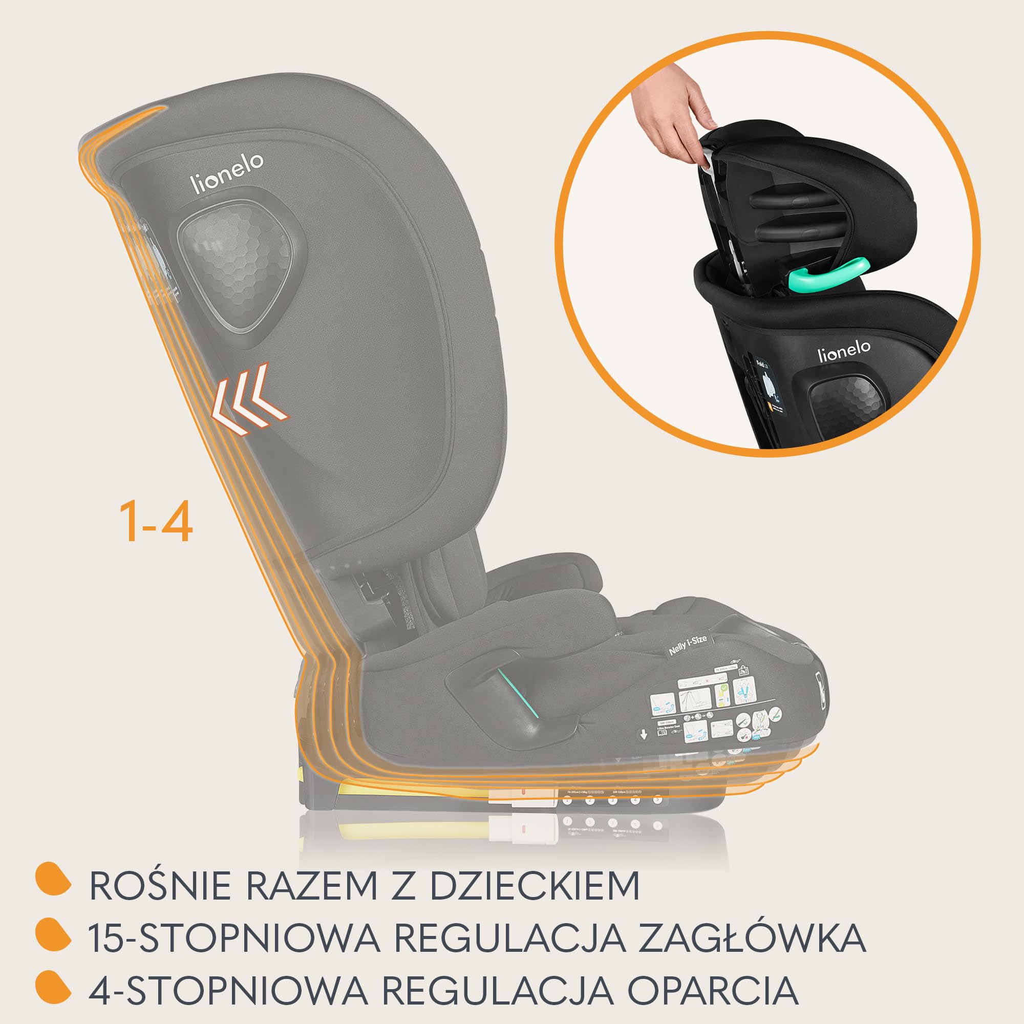 LIONELO Składany fotelik samochodowy Nelly I-Size z ISOFIX dla dzieci ok. 76-150 cm, ochrona boczna paska TT, skierowany do przodu i do tyłu, regulowany zagłówek i oparcie (czarny, 50 x 45 x 58 cm)