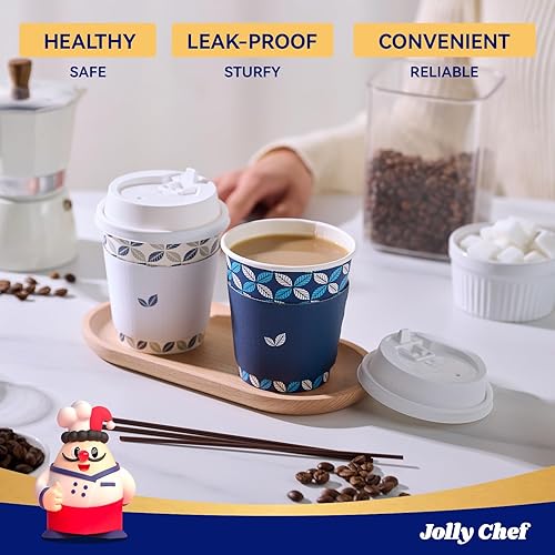 Miniatura 6 de JOLLY CHEF Paquete de 100 tazas de café de papel de 10 onzas, vasos desechables de papel impreso con tapas, fundas y agitadores para el hogar,