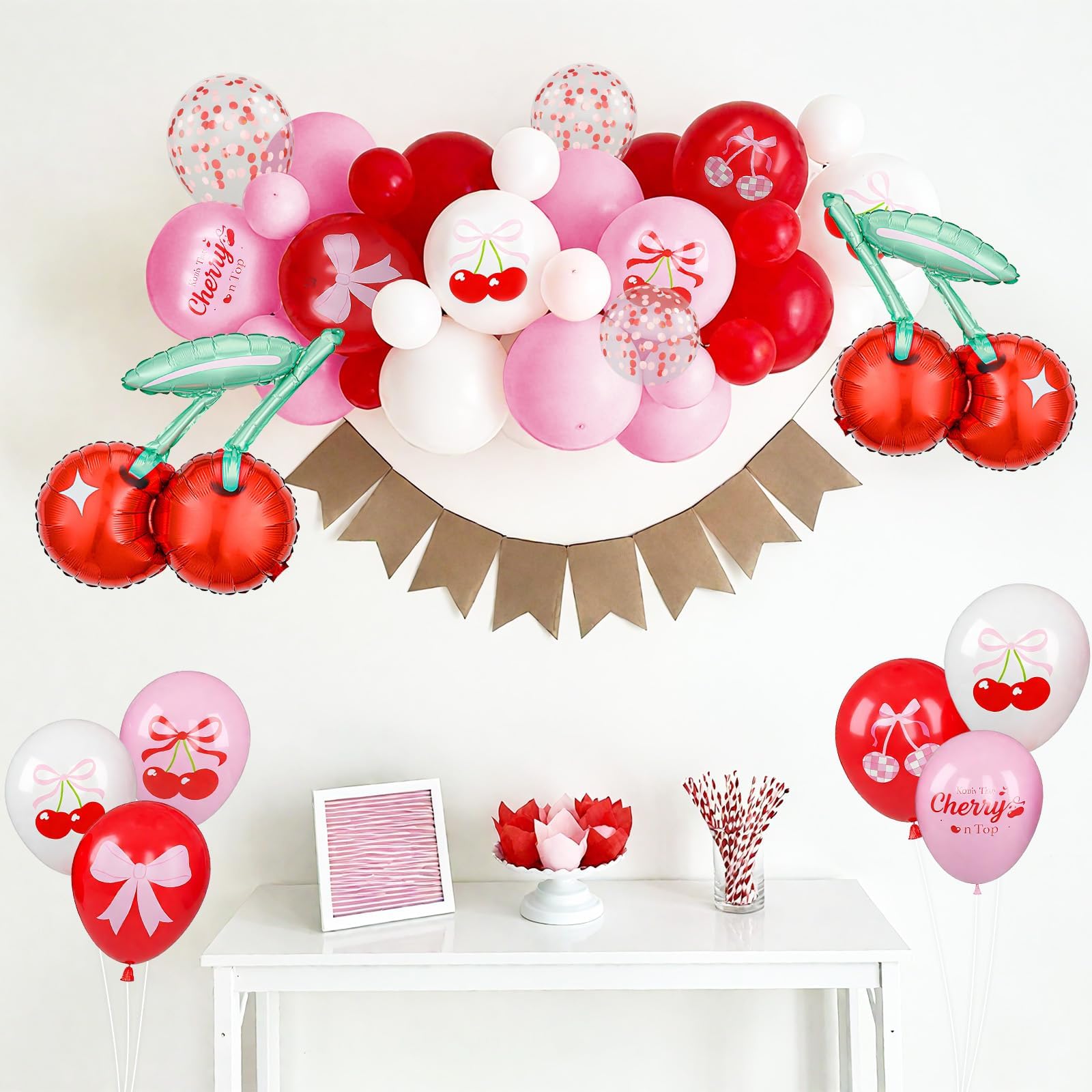 Kirschballons, Rot Rosa Weiß Konfetti Latexballons mit Kirschfolienballon für Mädchen Geburtstag Babyparty Hochzeit Obst Party Dekorationen