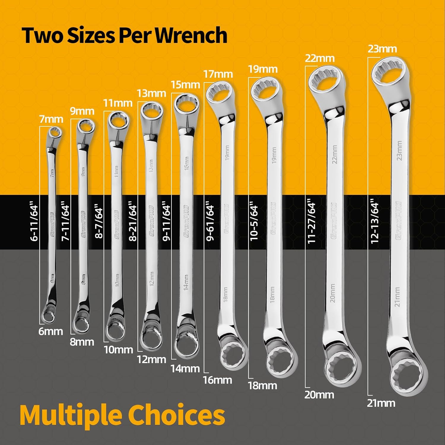 Wrench Set, Offset Wrench Set Metric and Standard, 10PC 6-23mm 75-Degree Large Wrench Kit Tool With Roll Up Pouch With 1 Gauge, Extra Long Big Double Box End Wrenches Sets with 6 Point