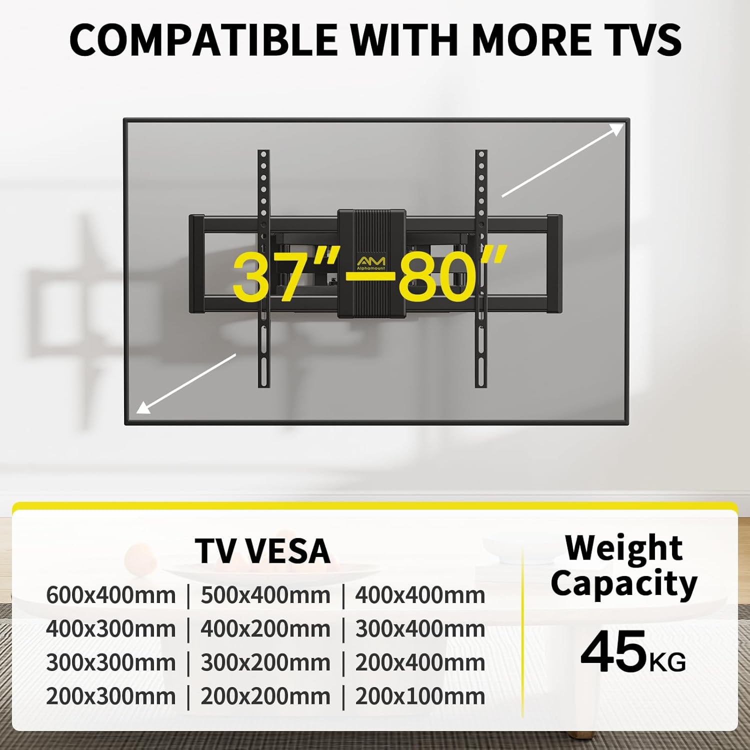Alphamount Soporte TV Pared Movimiento Completo para Televisores 37 a 80 Pulgadas, Soporte TV Inclinable y Giratorio con Brazos Dobles, Máximo VESA 600×400 mm hasta 45 kg, APLF6 3