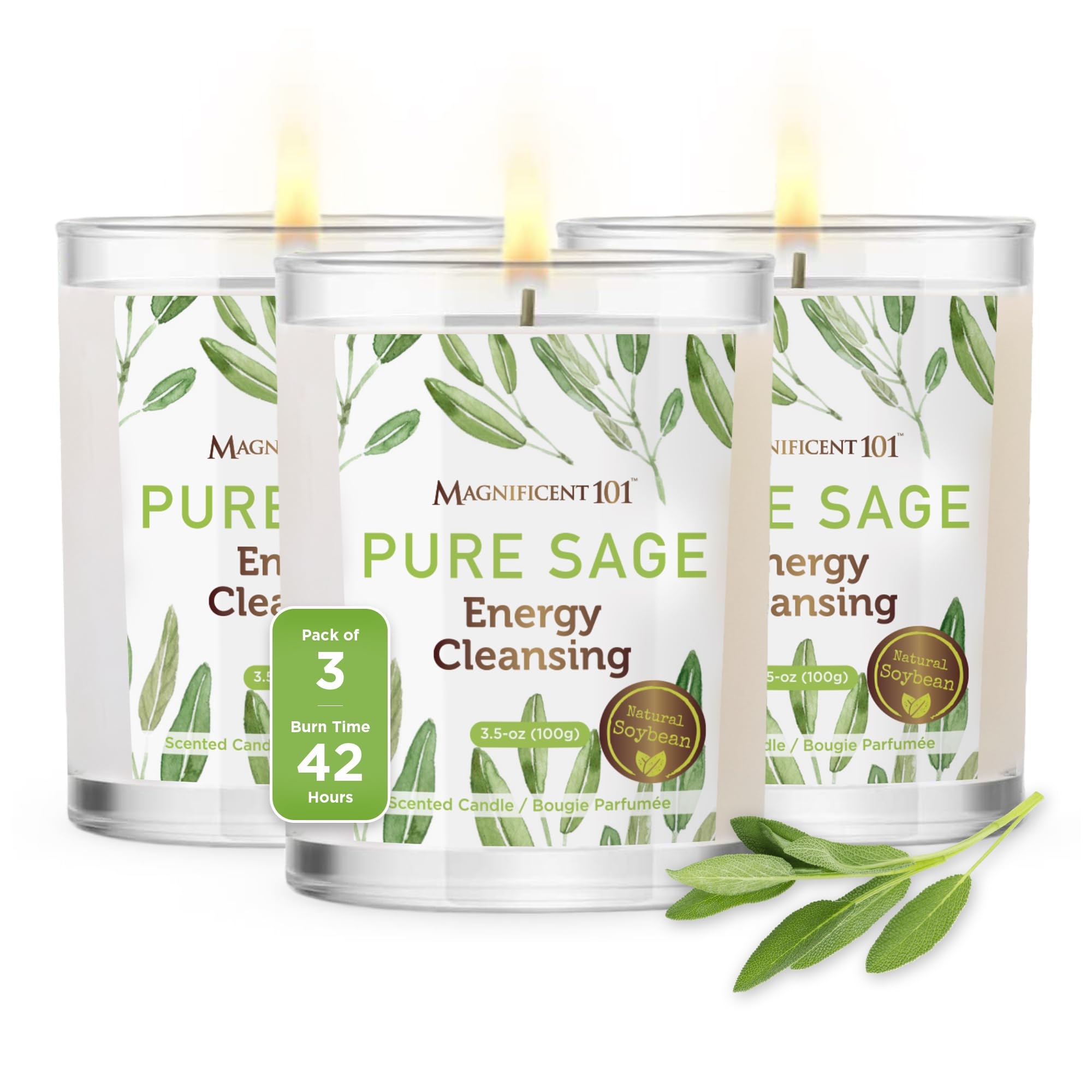 MAGNIFICENT101 Pure Sage Smudge Candles for Home Qi Cleansing Negative Energy Chakra Healing Natural Soy Wax Candles for Aromatherapy Pure Sage Set of 3