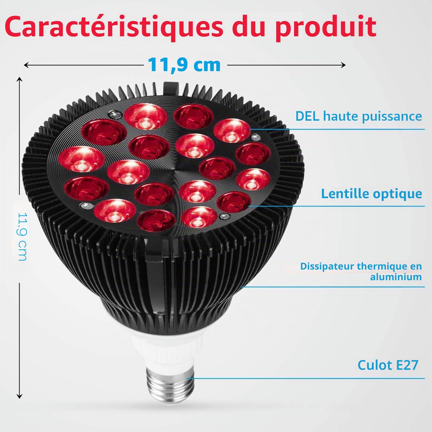 Elitzia Ampoule infrarouge 660nm Rouge et 850nm Ampoule Proche infrarouge Accessoire pour ET350 Dispositif de lumière infrarouge ETPAR38 (Noir)