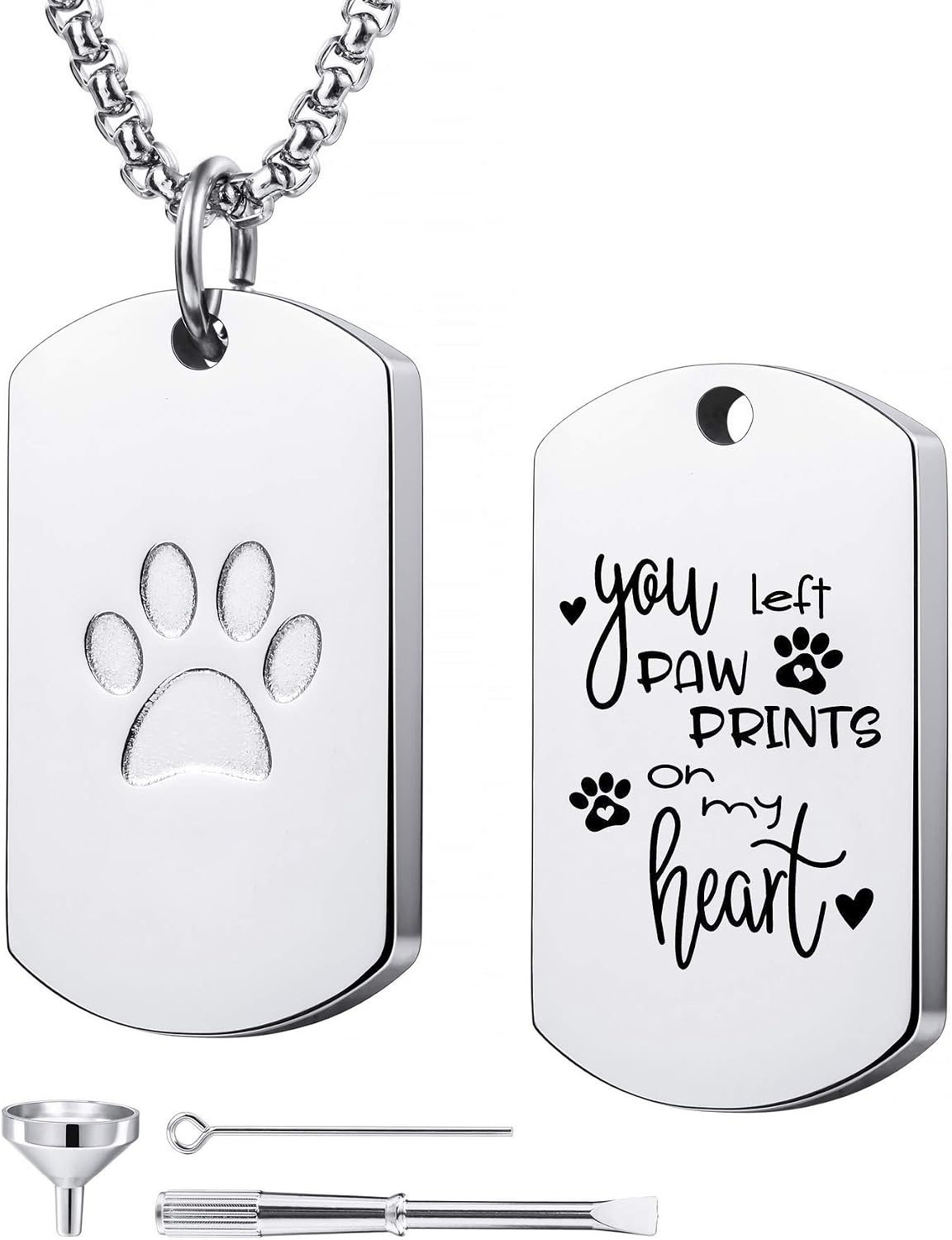 MeMeDIY Personalized Paw Print Dog Tag Pendant Urn Ashes Necklace Engraving Photo/Name/Text for Women Men Stainless Steel Pet Dog Cat Memorial Jewelry Keepsake Cremation with Funnel Kit
