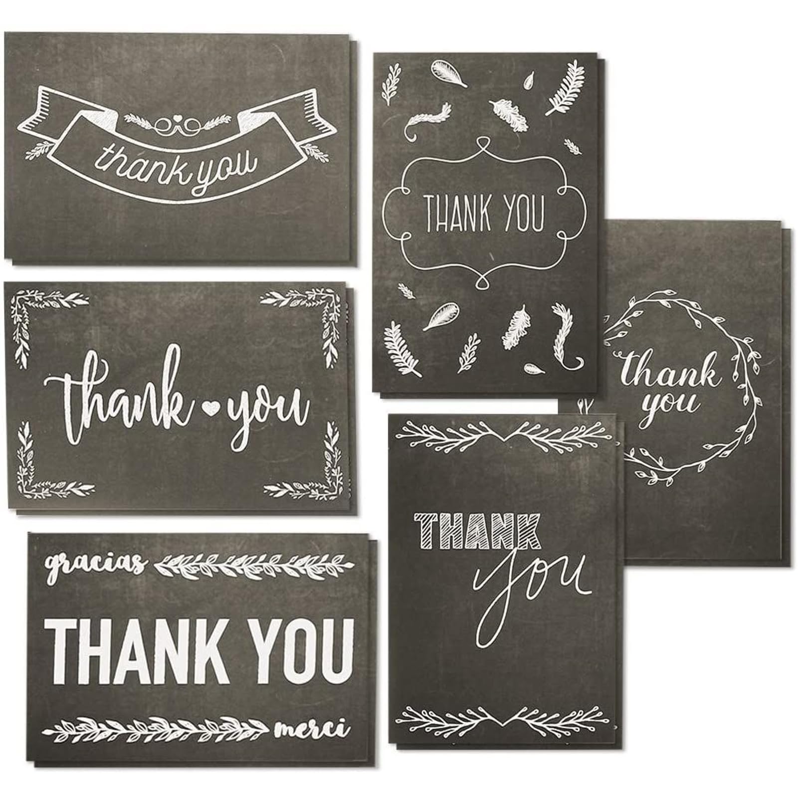 Lot de 144 cartes de remerciement avec enveloppes, 6 tableaux noirs et blancs assortis, notes en vrac pour remise de diplôme, fête prénatale, anniversaire, 10,2 x 15,2 cm