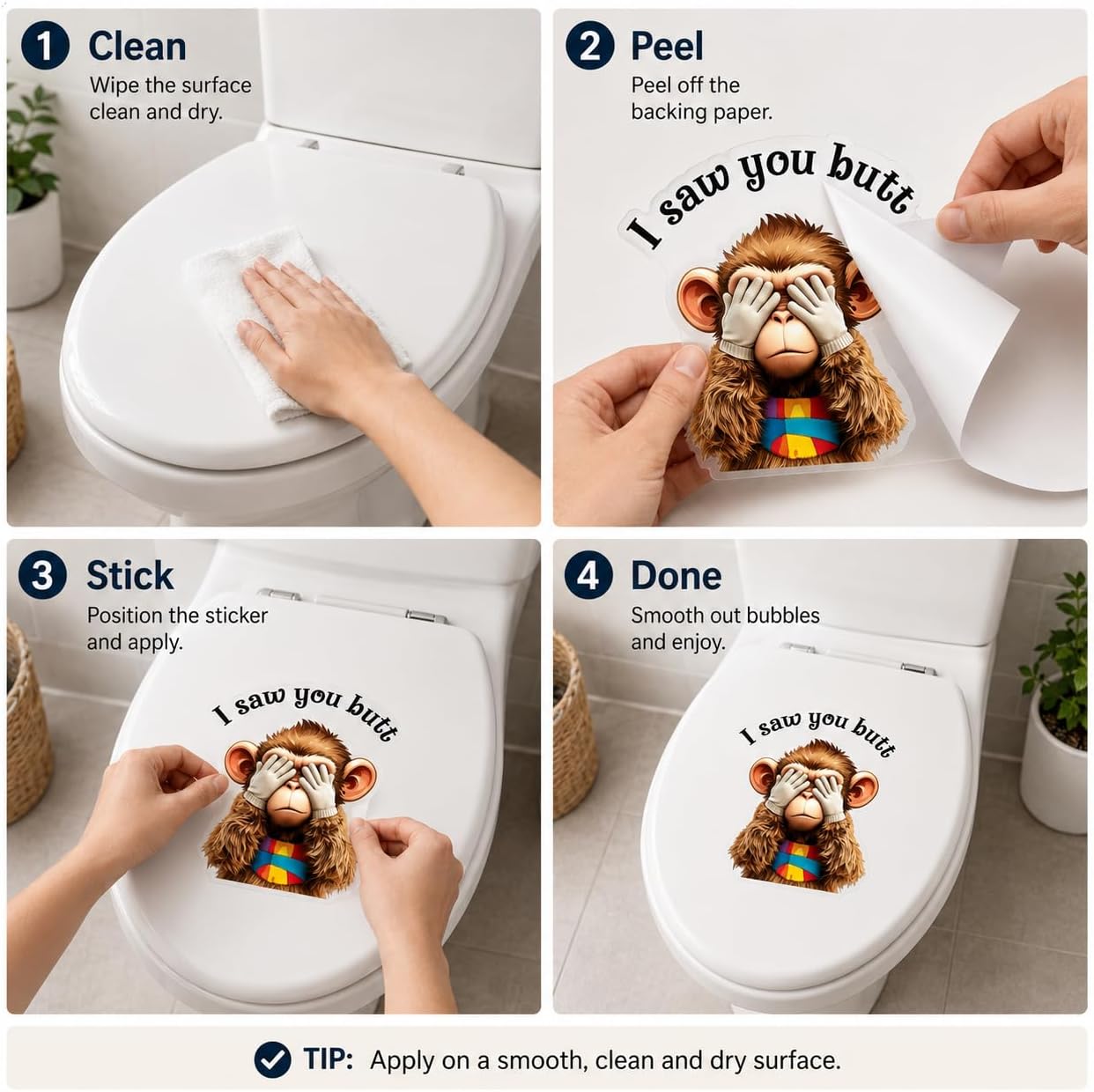 Funny Monkey Toilet Lid Sticker - I Saw Your Butt Humorous Bathroom Wall Decal, Waterproof PVC Animal Toilet Seat Tank Stickers (I Saw You Butt)