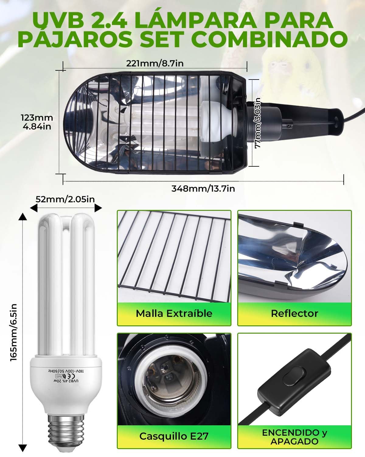 GlowUp UVB 2.4 Lámpara para Pájaros Kit Combinado, Portalámparas E27 con Bombilla UVB 2.4 20W E27 para Aves y Reptiles