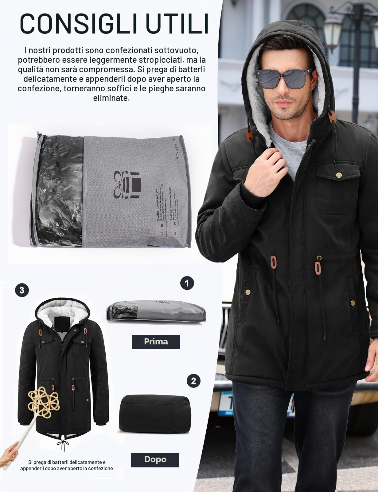 Parka Uomo Invernale Giubbotto Foderato in Pile Antivento e Caldo Cappotti Lungo Giacca con Cappuccio Giacconi Multitasche alla Moda