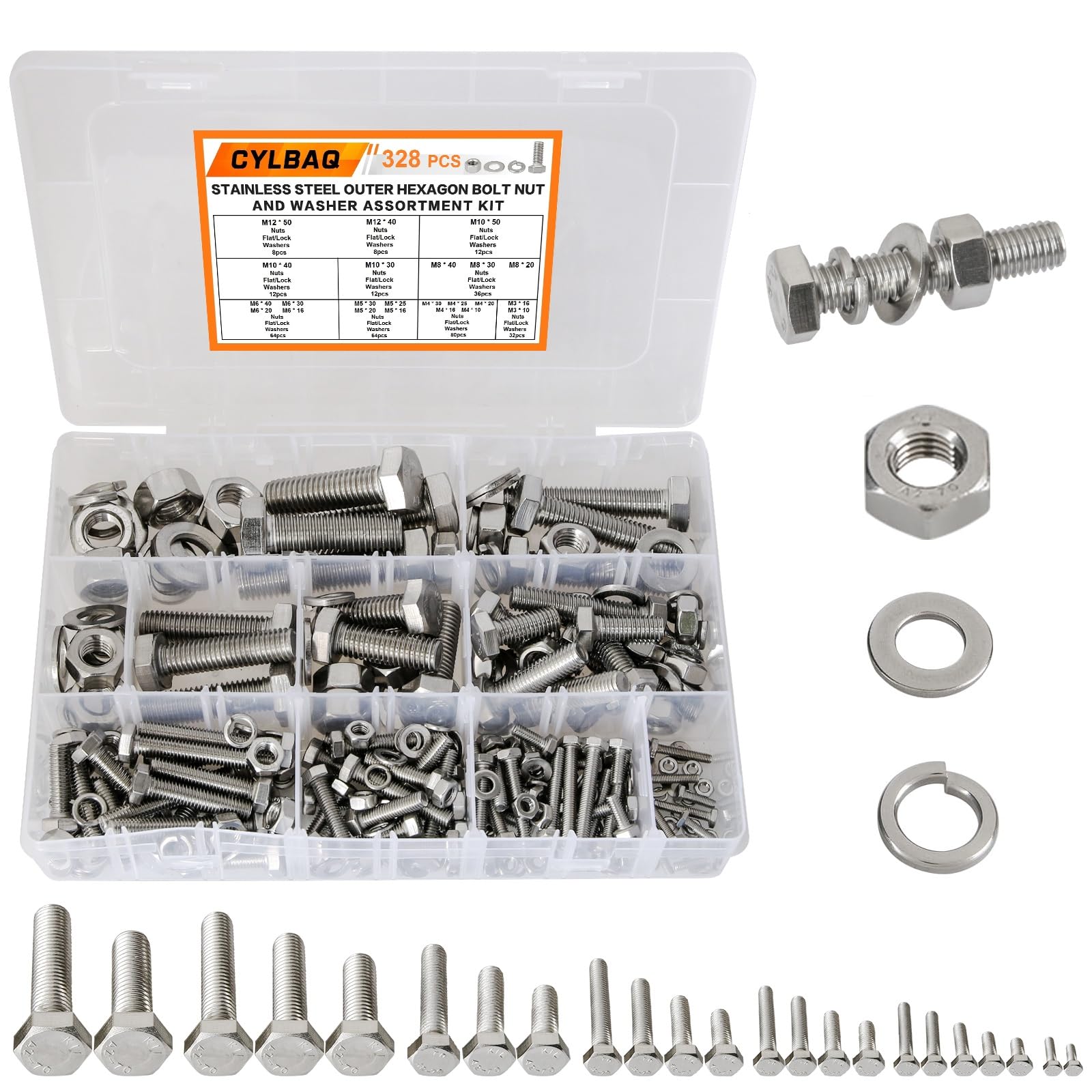 Set di 328 viti a testa esagonale, dadi e rondelle, M3, M4, M5, M6, M8, M10, M12, in acciaio inox, assortite, per industria meccanica fai da te