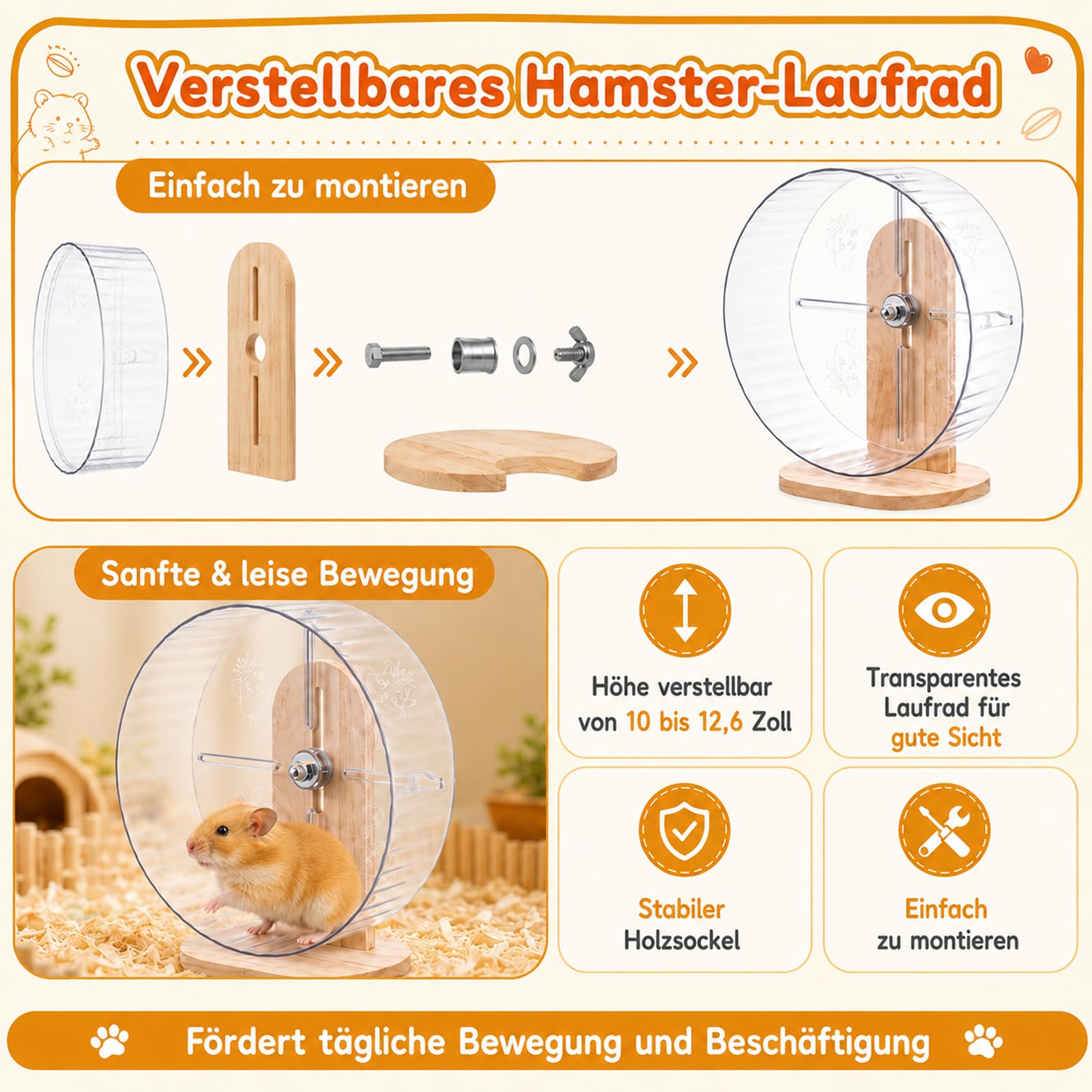 Juego de 6 accesorios para hámster de madera natural, parque infantil para hámster con rueda ajustable silenciosa, 2 plataformas, valla de madera, portabotellas y tumbona para hámsters dorados