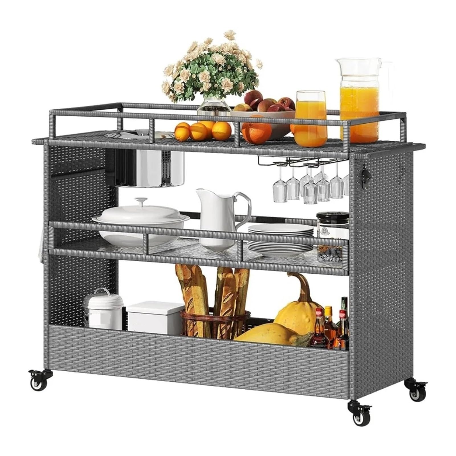 Carros de Servicio Carro De Cocina, Carrito Bar Portátil con Ruedas, Mesa Ratán 2 Estantes Acero, Adecuado For Terraza, Patio Trasero Organización