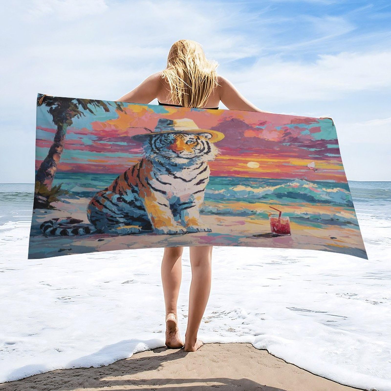 Luyysky Fantasy Retro Animal Tiger Quick-Drying Beach Towel, Rustic Vintage Sunset Beach Tropical Plant Palm Tree Travel Vacation Single Sided Pile Bathroom Towels-80 W Cm X 160" L Cm