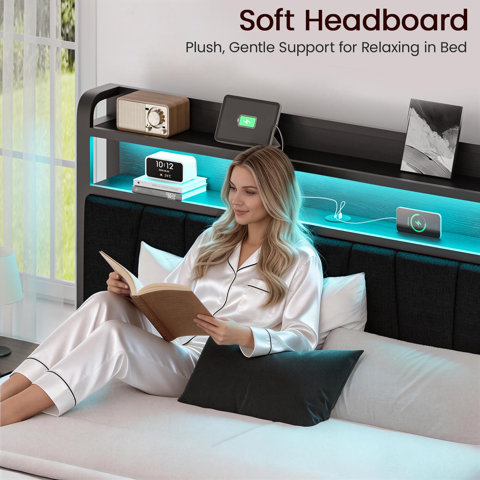 PROZENBDING Lit 160x200 avec sommier, Cadre de lit avec LED et Prise USB, Rangement 2 Niveaux dans la tête de lit, lit Double avec Lattes – sans Matelas, Noir
