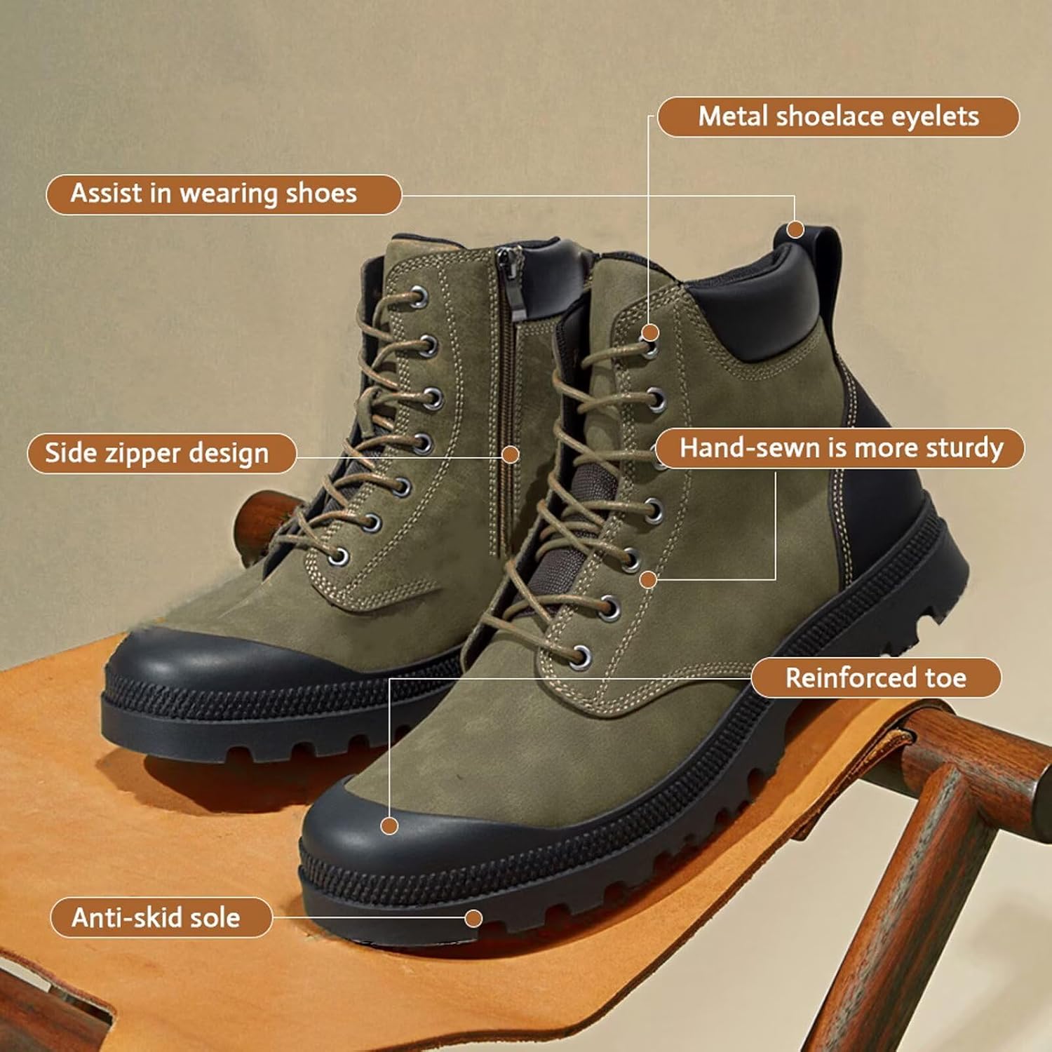 Men’s Hiking Boots Rugged Leather Combat Style Lace Up with Side Zipper Durable Outsole for Outdoor Trekking and Trail - Image 6