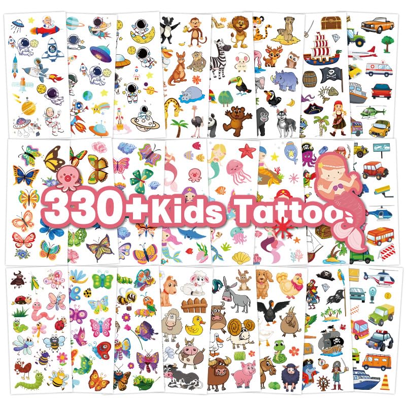 Temporary Fake Tattoos, 330+ Mixed Styles, Butterfly, Dinosaur, Animal, Space Themes, 24 Sheets of Temporary Tattoos Birthday Party Supplies