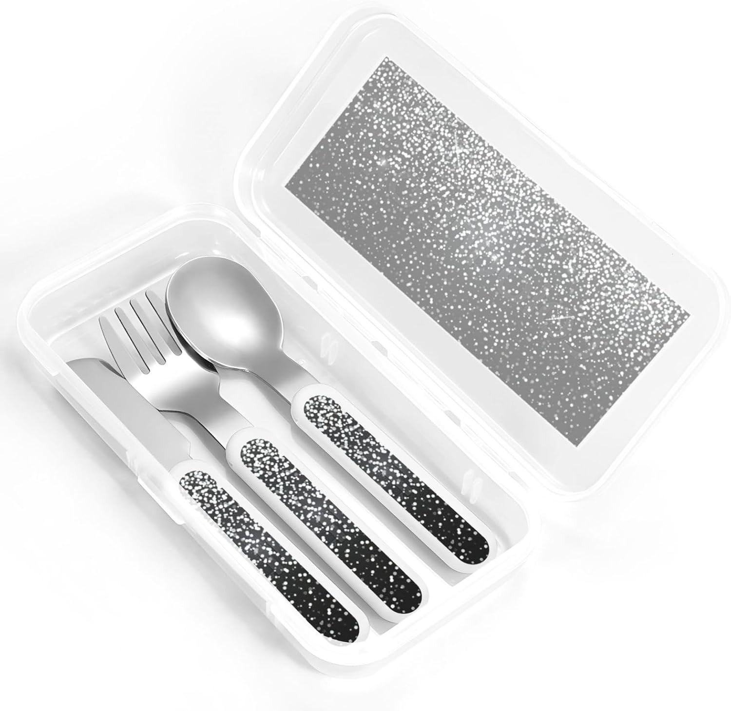 Shiny Silver Glitter Print Stainless Knife Spoon Fork 3-Piece Set,Flatware Cutlery Set With Storage Case