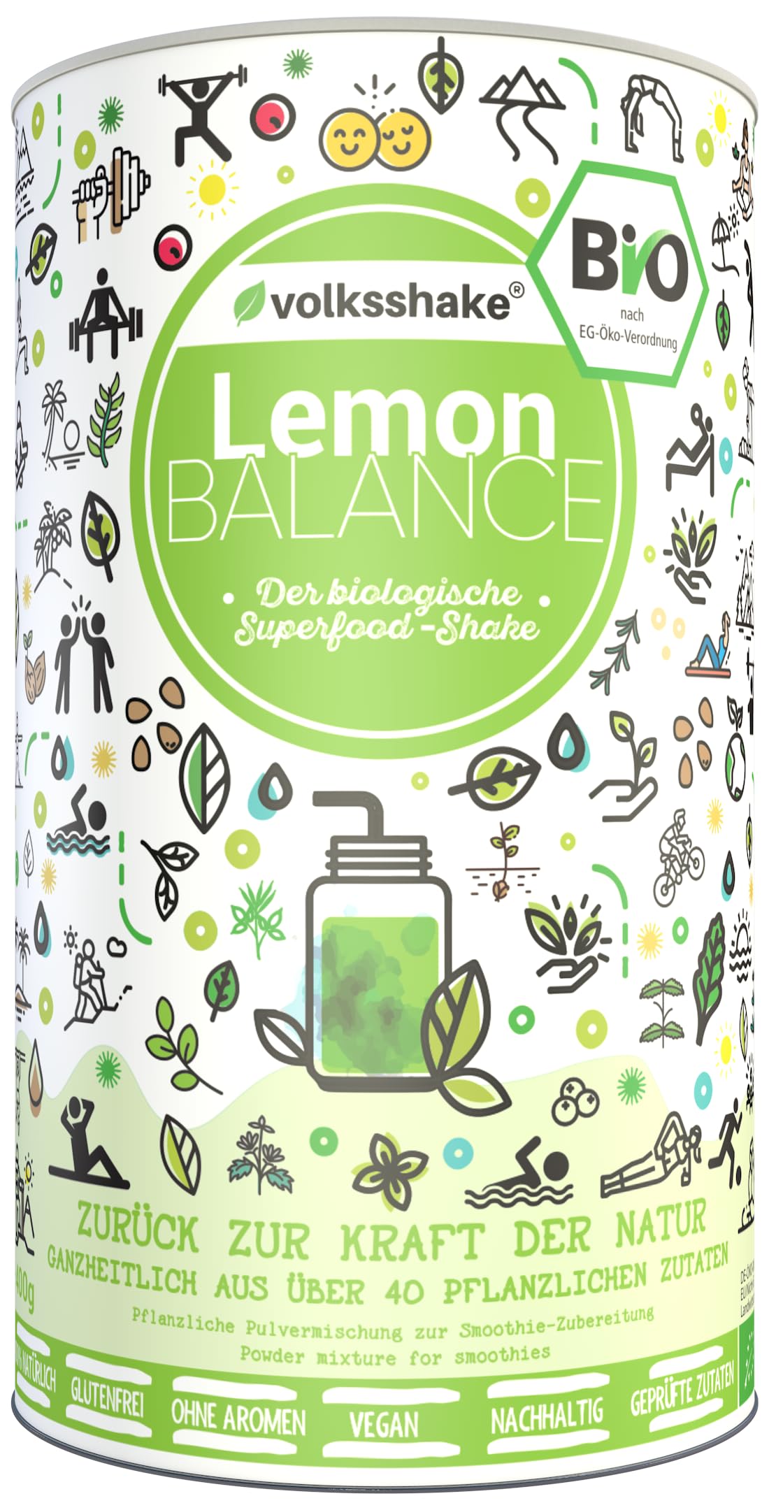 BIO Lemon Balance | Smoothiepulver | 400g | DE-ÖKO-006 | Über 40 Pflanzen wie Weizengras, Zitronengras, Gerstengras | Premiumqualität vom Bodensee | Made in Germany