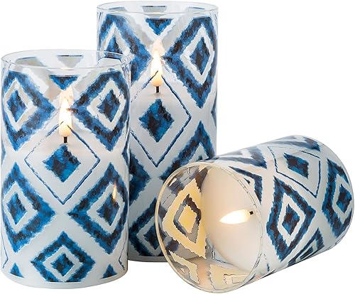 Miniatura 4 de Eywamage Velas geométricas azules sin llama en frascos de vidrio, velas LED parpadeantes con batería parpadeante con control remoto, juego de 3