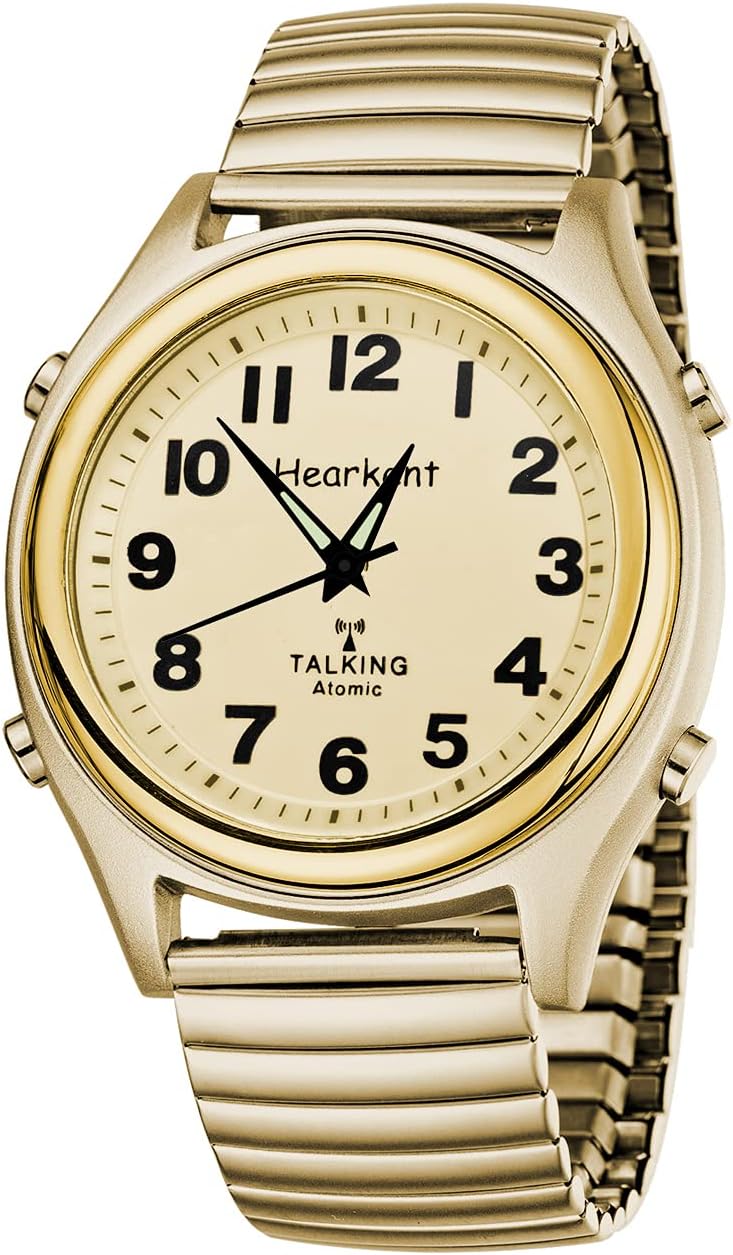 Hearkent Atomic American English Talking Watch Speaks Clear and Loud Time, Date and Alarm time Stretch Band is Best Gift for Senior,Visually impaired, or Blind People, gold, classic