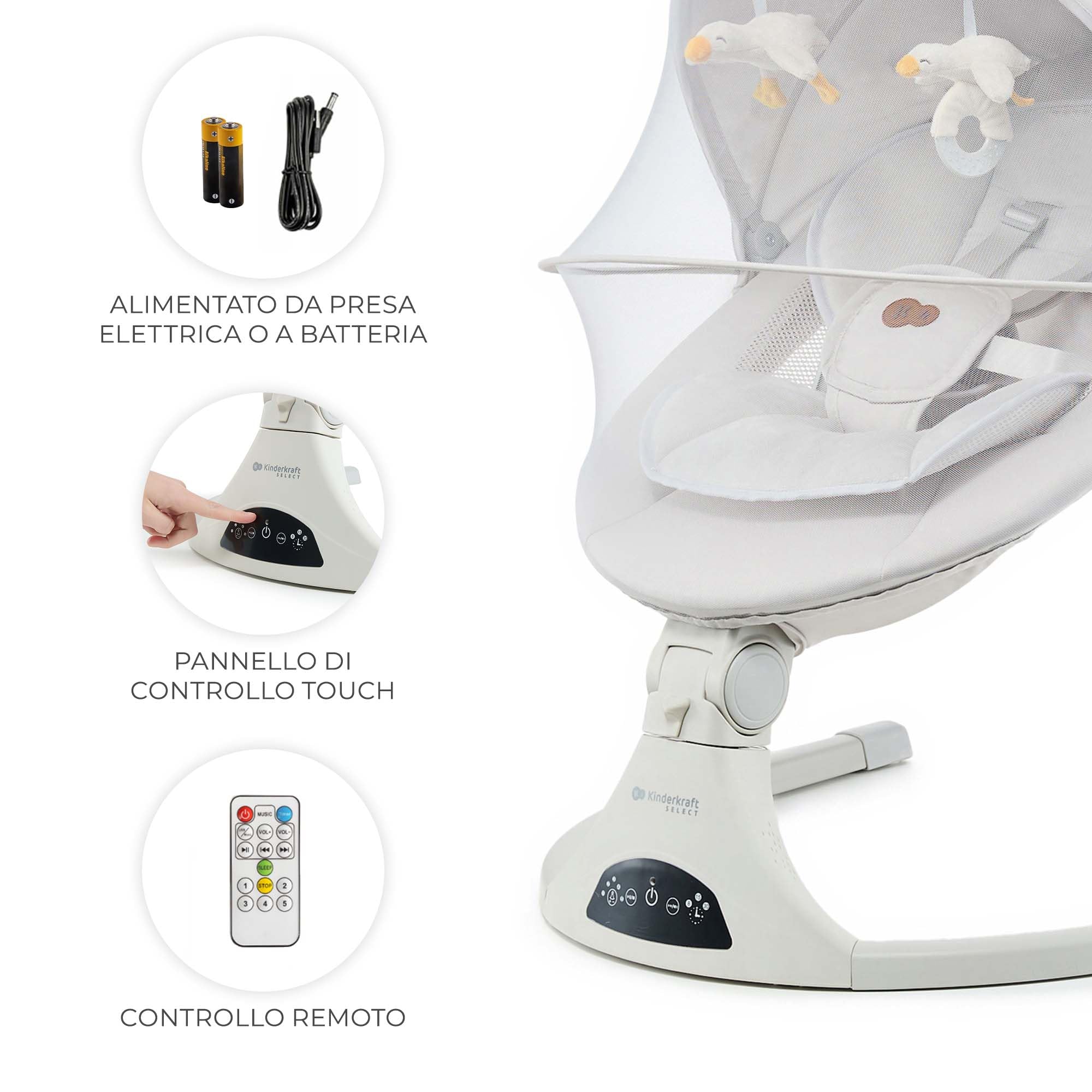 Kinderkraft TULSY - Altalena elettrica, 5 livelli di intensità, sedia a dondolo per neonati, 12 melodie preimpostate, giocattoli rimovibili, regolabile, leggera, Bluetooth e USB, cintura a 5 punti