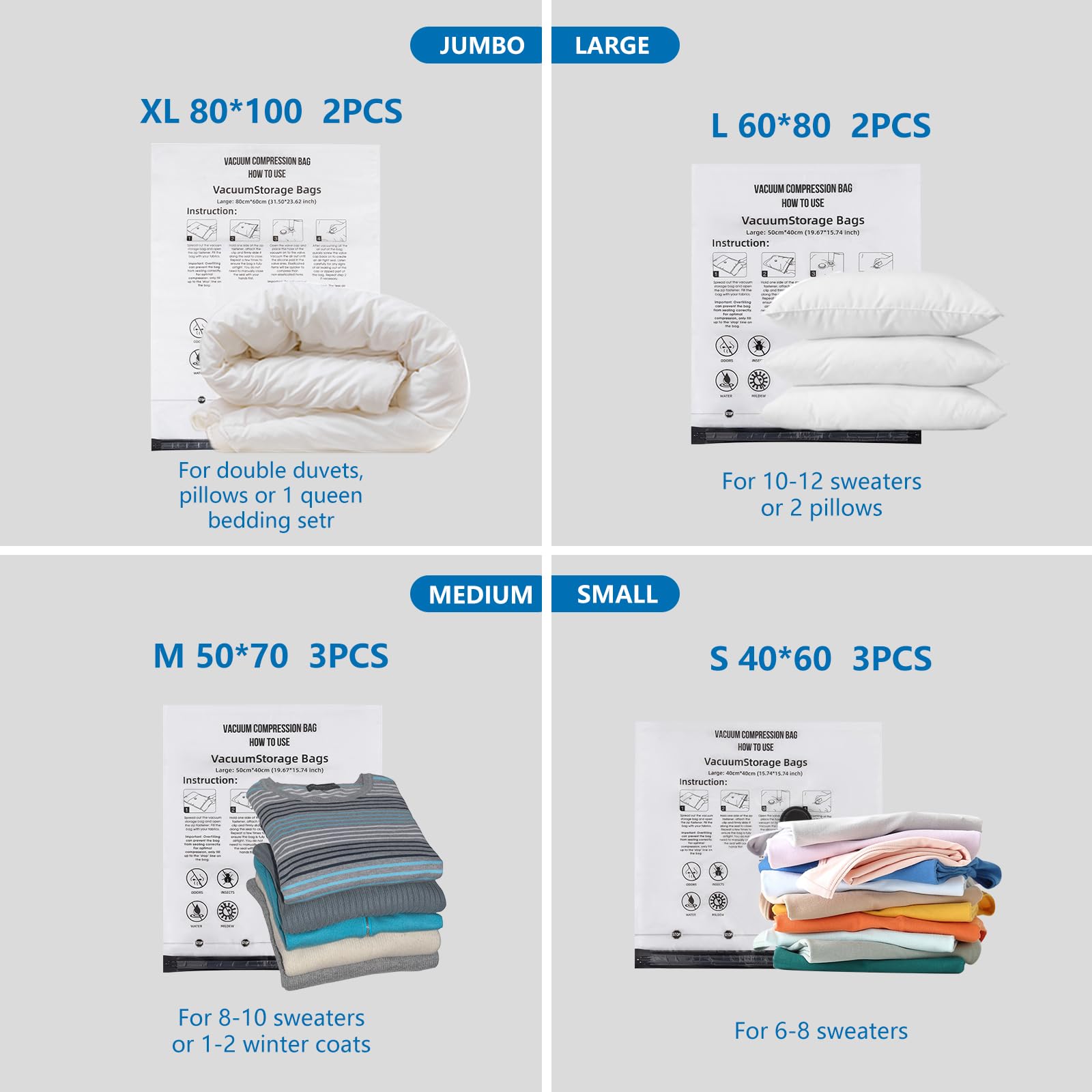 Sacchetti Sottovuoto Vestiti con Pompa Elettrica, 10 Pezzi Buste Sottovuoto Vestiti (2 Jumbo, 2 Grandi, 3 Medi, 3 Piccoli), Sacchi Sottovuoto Piumoni per Coperte, Piumini, Cuscini, Maglioni