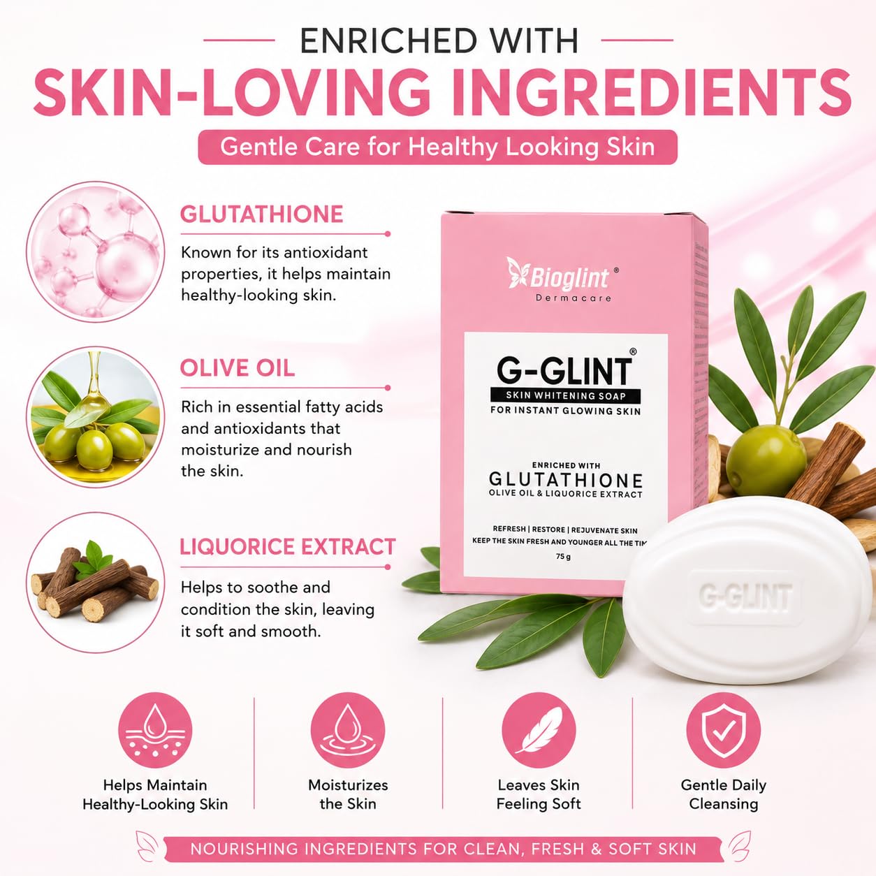 Buy G-GLINT Skin Cleansing Soap with Glutathione, Olive Oil & Liquorice Extract | Daily Cleansing Bar for Men & Women | Rich Lather