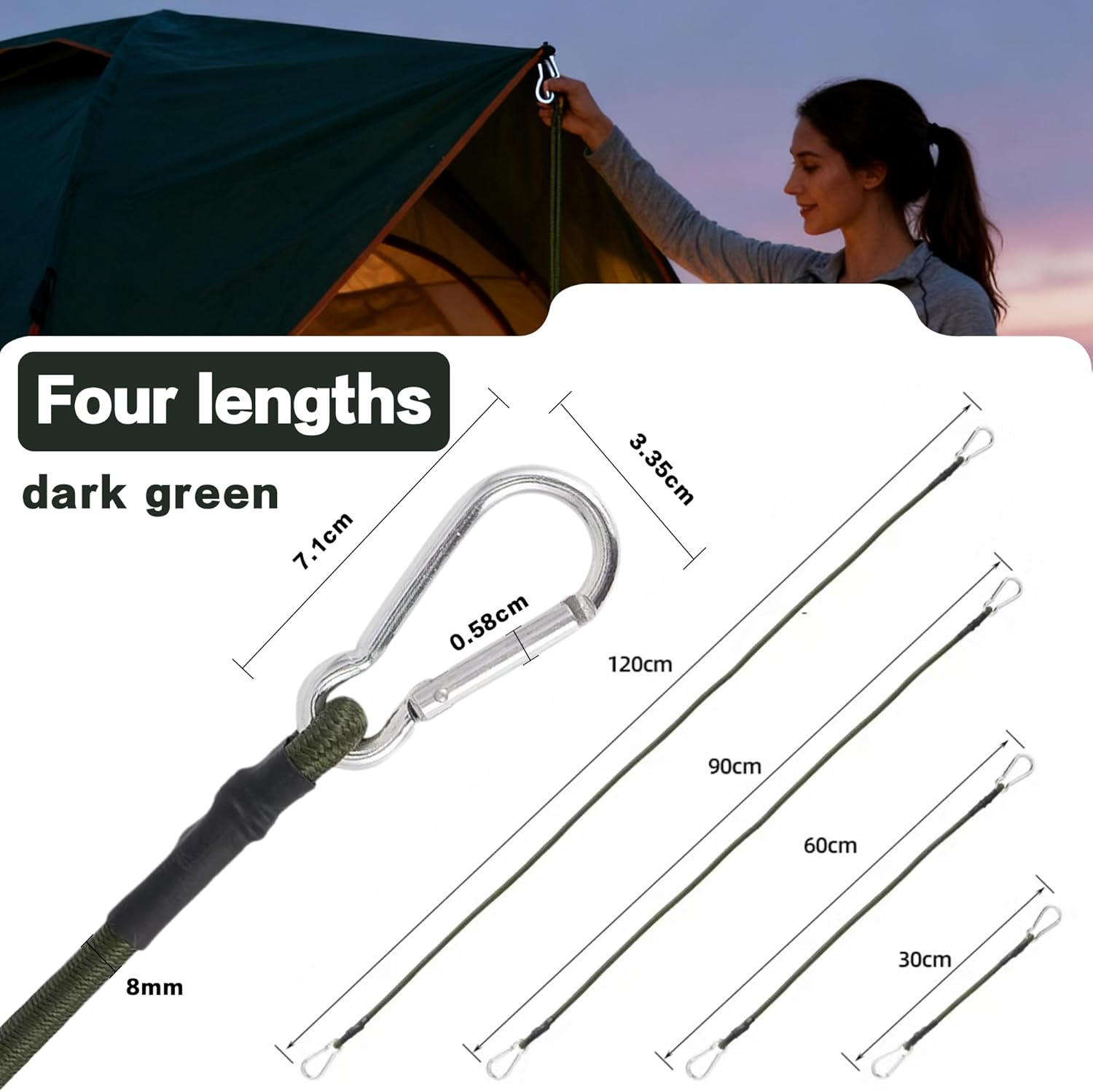 Elastic rope with hooks, dark green with carabiner clips, available in lengths of 30 cm, 60 cm, 90 cm, and 120 cm. Elastic bungee cords suitable for outdoor use, camping, tarps, bike racks, and tents.